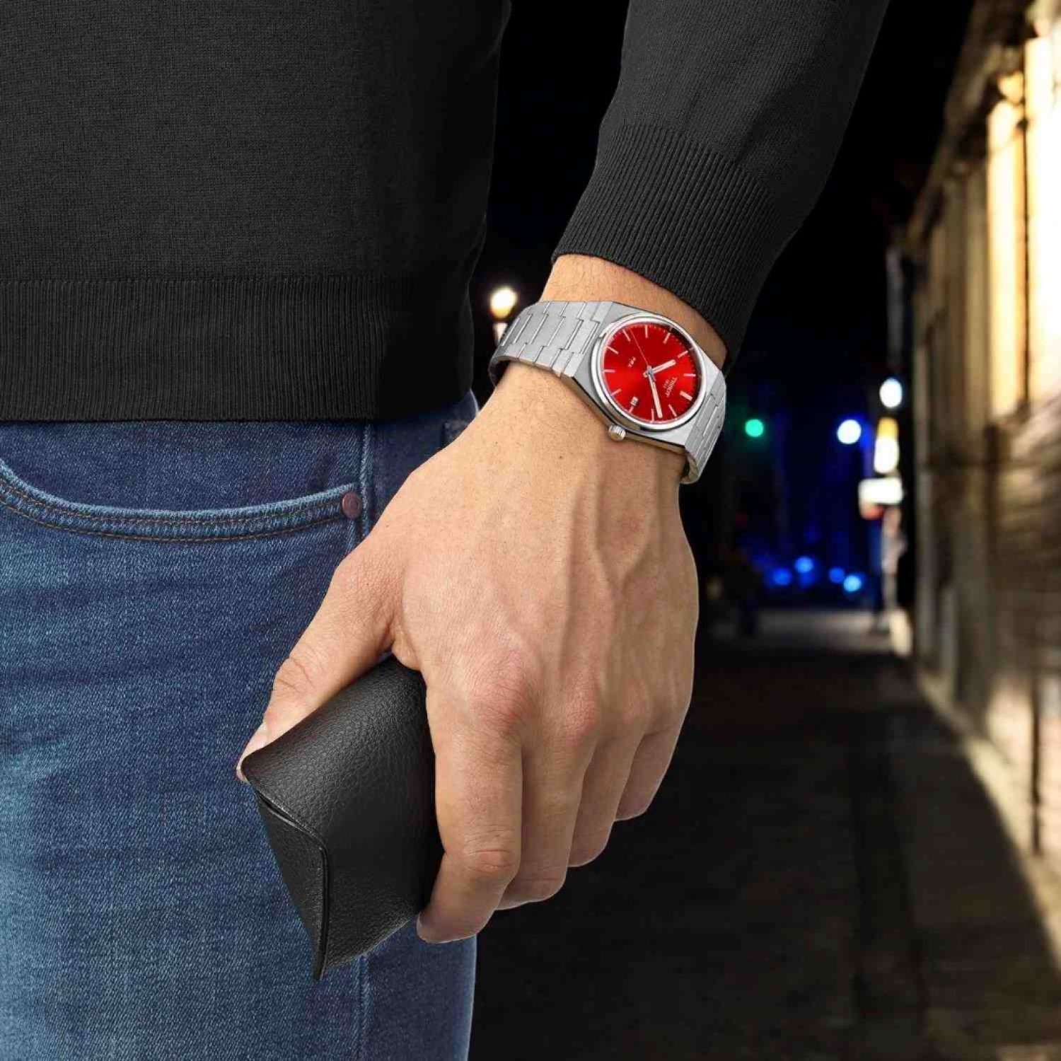 Tissot PRX Red Dial 40mm T1374101142100 by Tissot Watches NZ | Red Tissot PRX wristwatch with a stainless steel dial, silver hour markers, a date window at 3 o'clock, and 'PRX' elegantly inscribed above the 6 o'clock position.