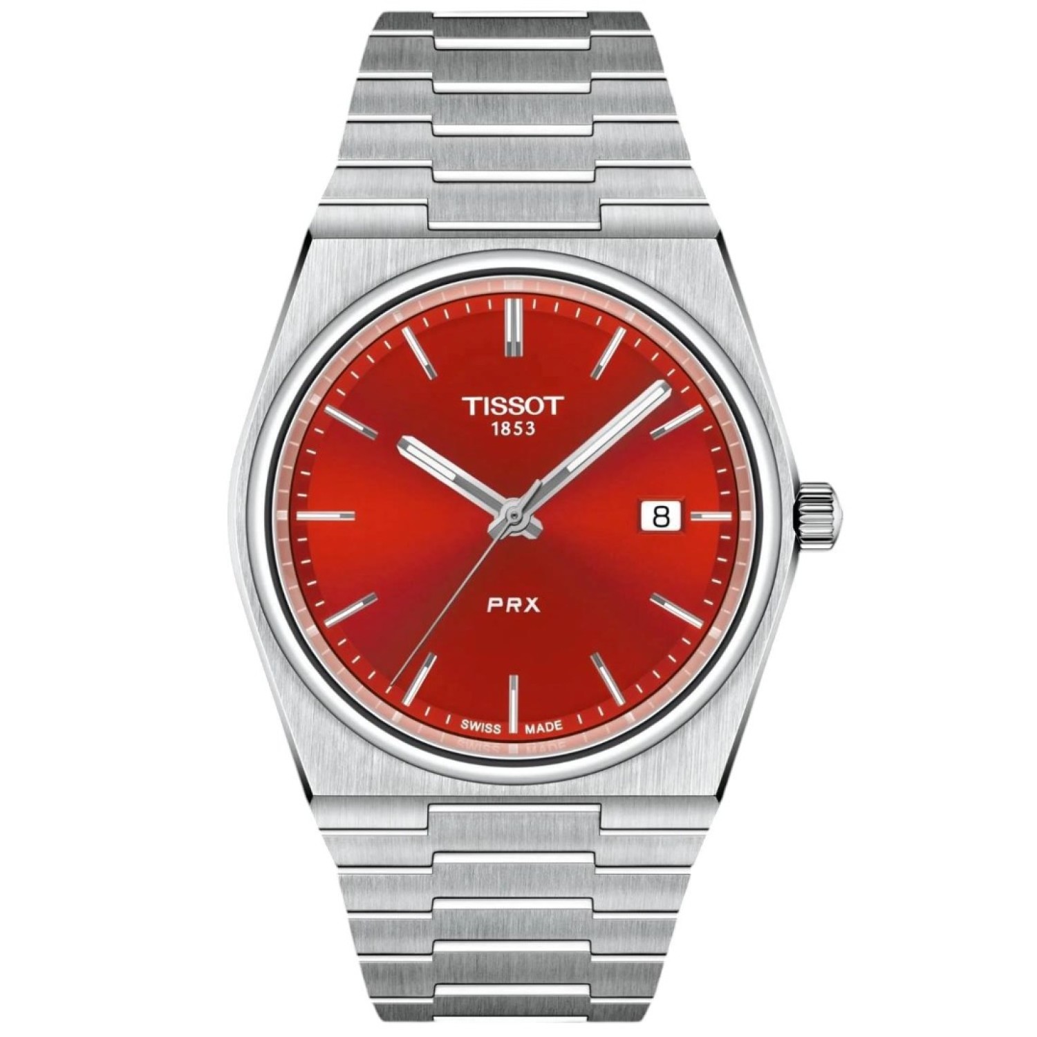 Tissot PRX Red Dial 40mm T1374101142100 – Tissot Watches NZ Tissot PRX Red Dial 40mm T1374101142100 by Tissot Watches NZ | Red Tissot PRX wristwatch with a stainless steel dial, silver hour markers, a date window at 3 o'clock, and 'PRX' elegantly inscribed above the 6 o'clock position.