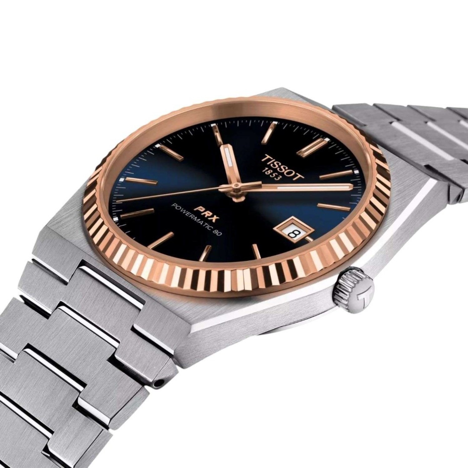 TISSOT PRX Powermatic 80 18K Gold Bezel 40mm T9314074104100 by Tissot Watches NZ | Tissot PRX Powermatic 80 with a rose gold bezel, black dial, and stainless steel bracelet, featuring sleek hour markers and a date window at 3 o'clock.