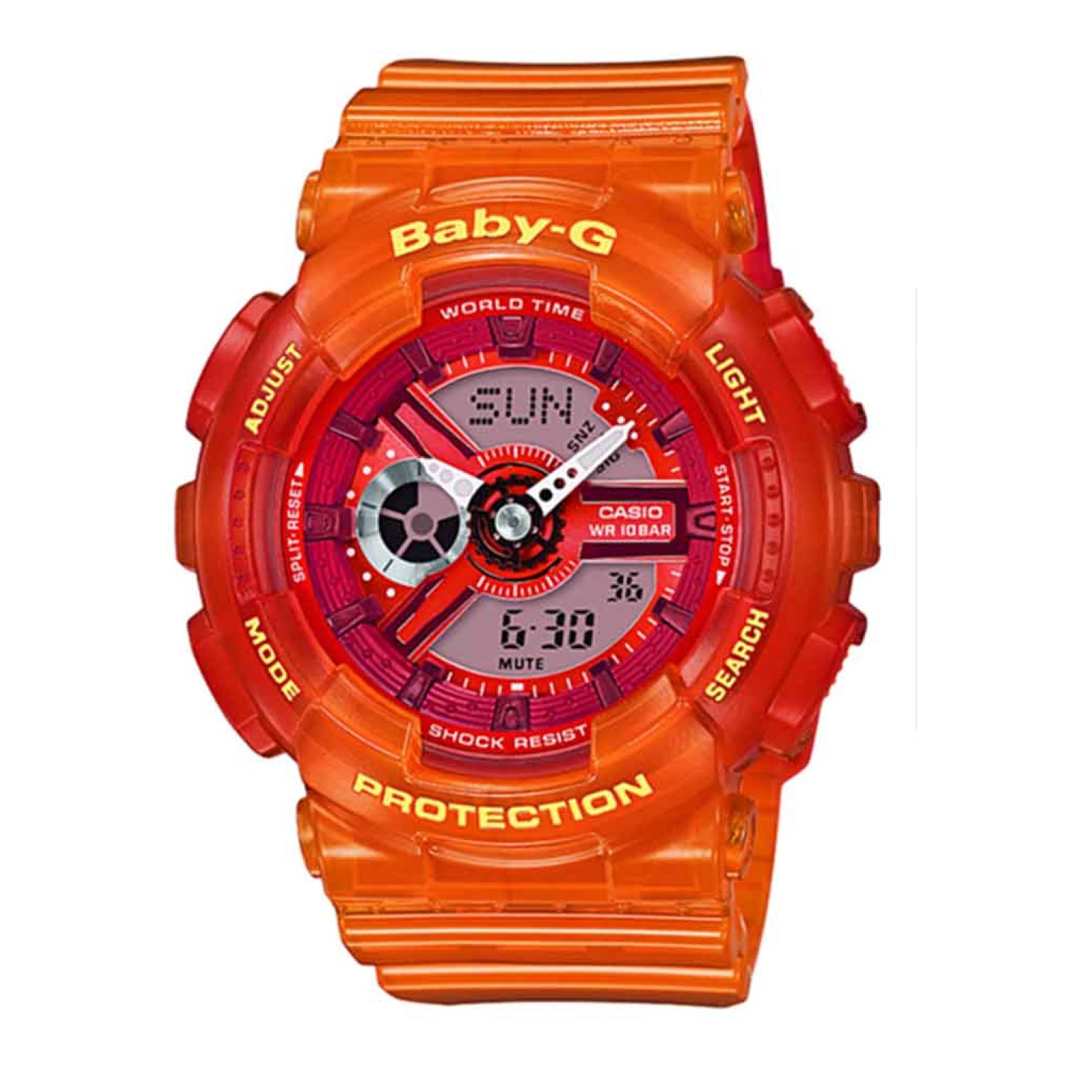 BA110JM-4A Baby-G Watch.   The BA110JM-1A additions to the popular BA-110 Series are done in semi-transparent colours that are so popular on the beach scene, and a mixed colour molding process produces a gradation pattern in the ca casio digital watches n