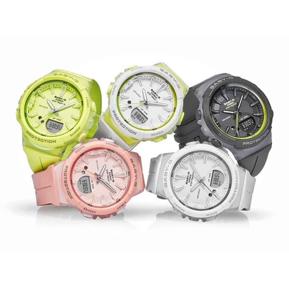 BGS100RT-7A Baby-G Running Series Watch. BABY-G is proud to announce new Step Tracker models with a step count feature designed to support the physical exercise efforts of women everywhere. The Step Tracker can be configured to start counting your steps a