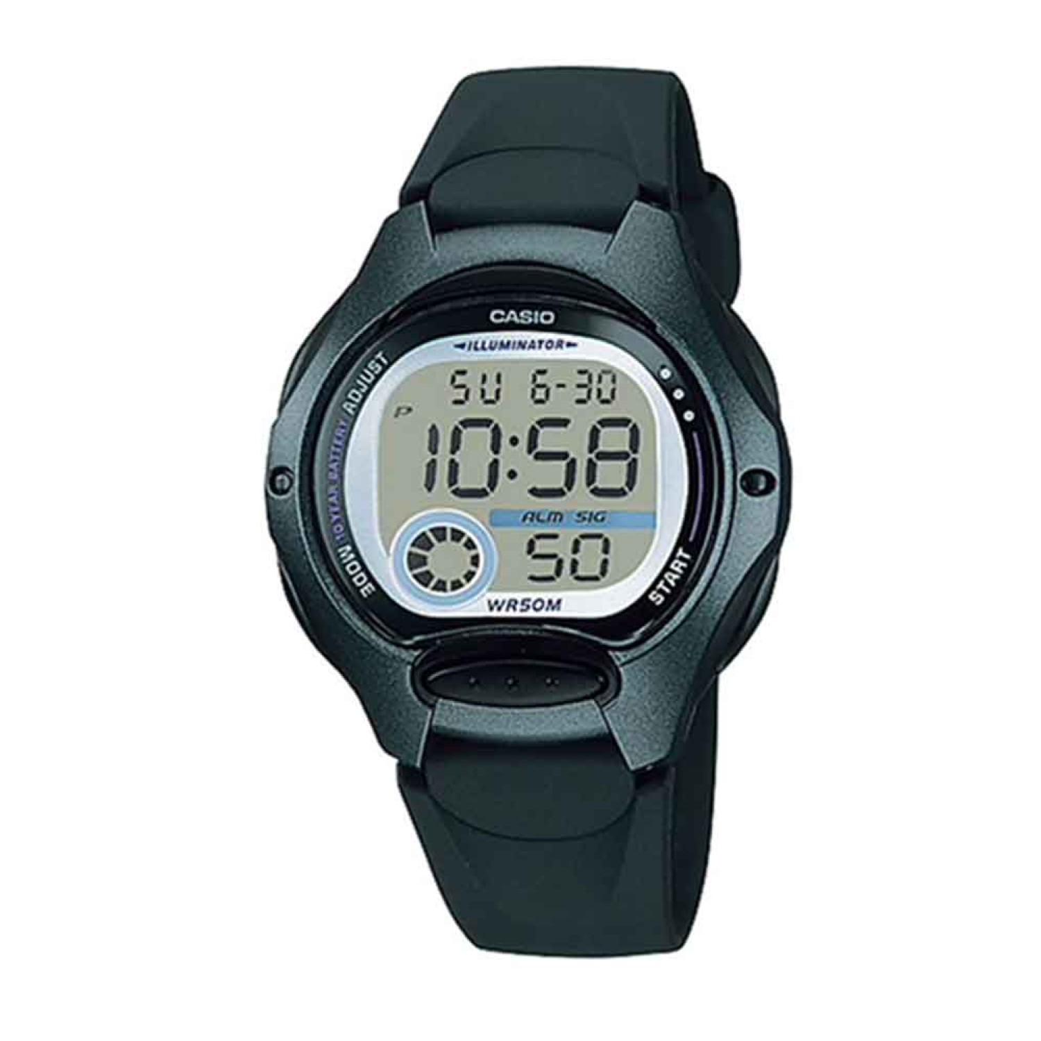 LW200-1B Casio 50 Metres Watch. Casio’s Illuminator digital watch is a sleek and sporty timepiece featuring a black plastic resin band, a metallic resin case and a large digital time display with stopwatch and day and date functions. Water-resistant to @c