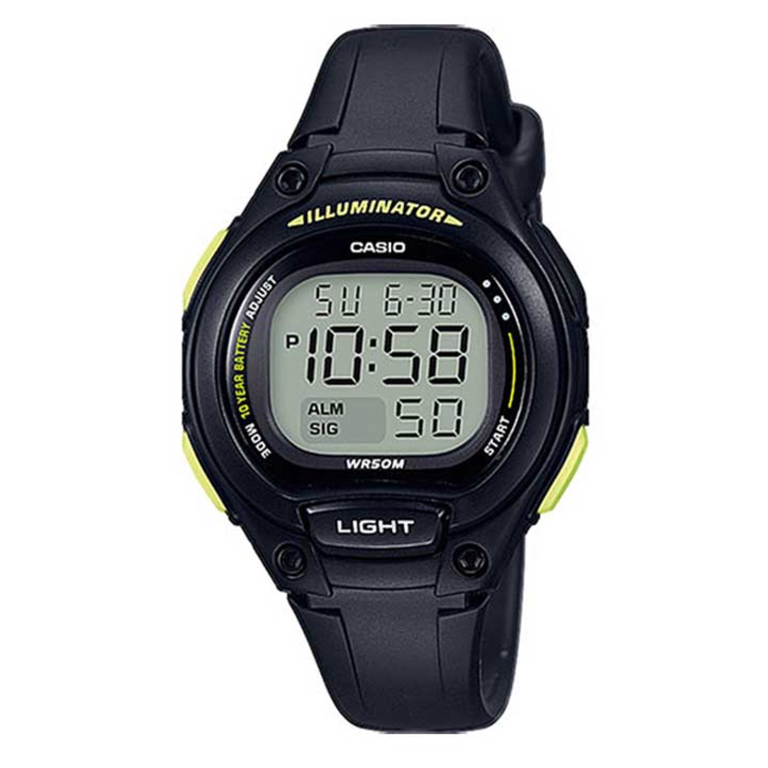 LW203-1B Casio 50 Metres 10 Year Battery Watch. Casio’s Illuminator digital watch is a sleek and sporty timepiece featuring a black plastic resin band, a metallic resin case and a large digital time display with stopwatch and day and date functions. Water