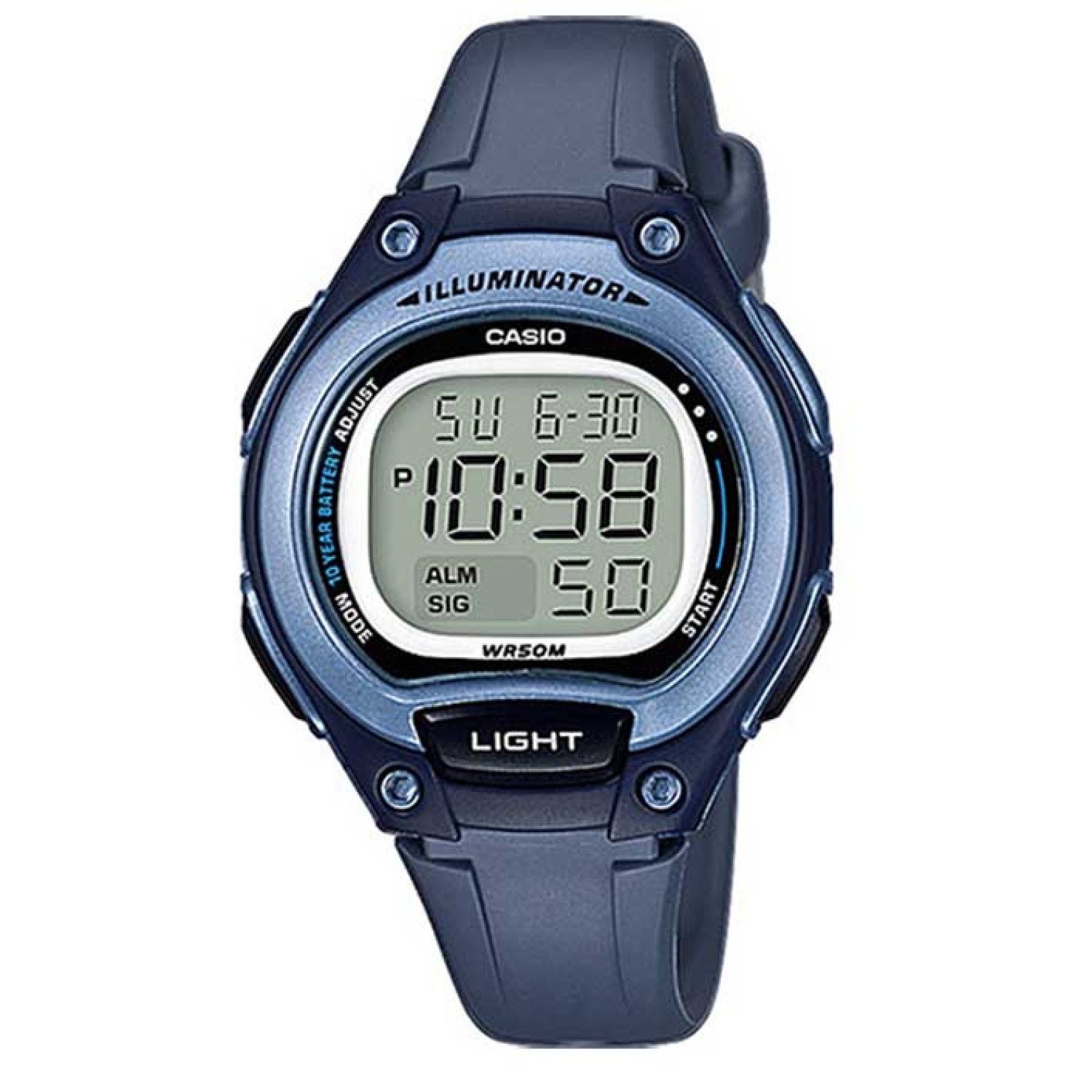 LW203-2A Casio 50 Metres 10 Year Battery Watch. Casio’s Illuminator digital watch is a sleek and sporty timepiece featuring a black plastic resin band, a metallic resin case and a large digital time display with stopwatch and day and date functions. Water