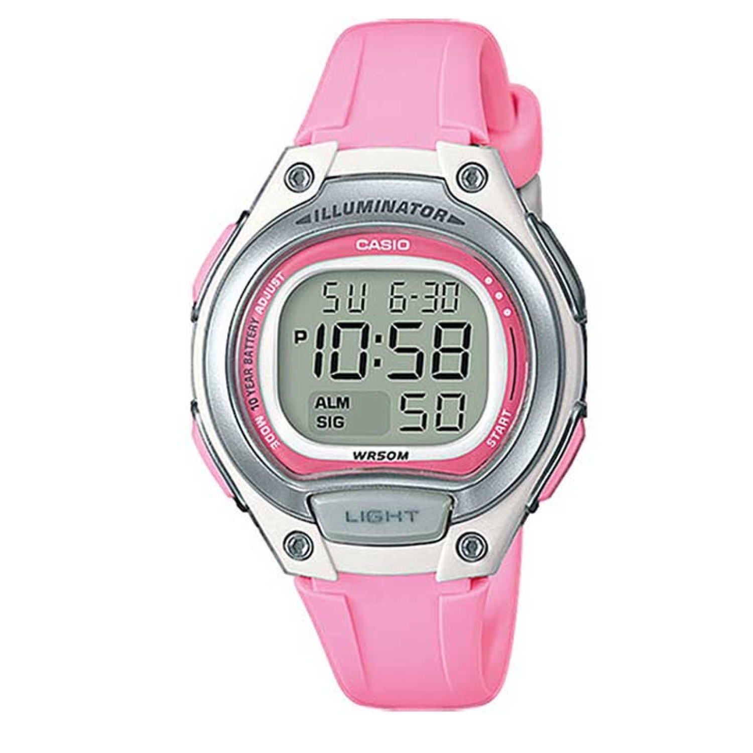 LW203-4A Casio 50 Metres 10 Year Battery Watch. Casio’s Illuminator digital watch is a sleek and sporty timepiece featuring a black plastic resin band, a metallic resin case and a large digital time display with stopwatch and day and date functions. Water