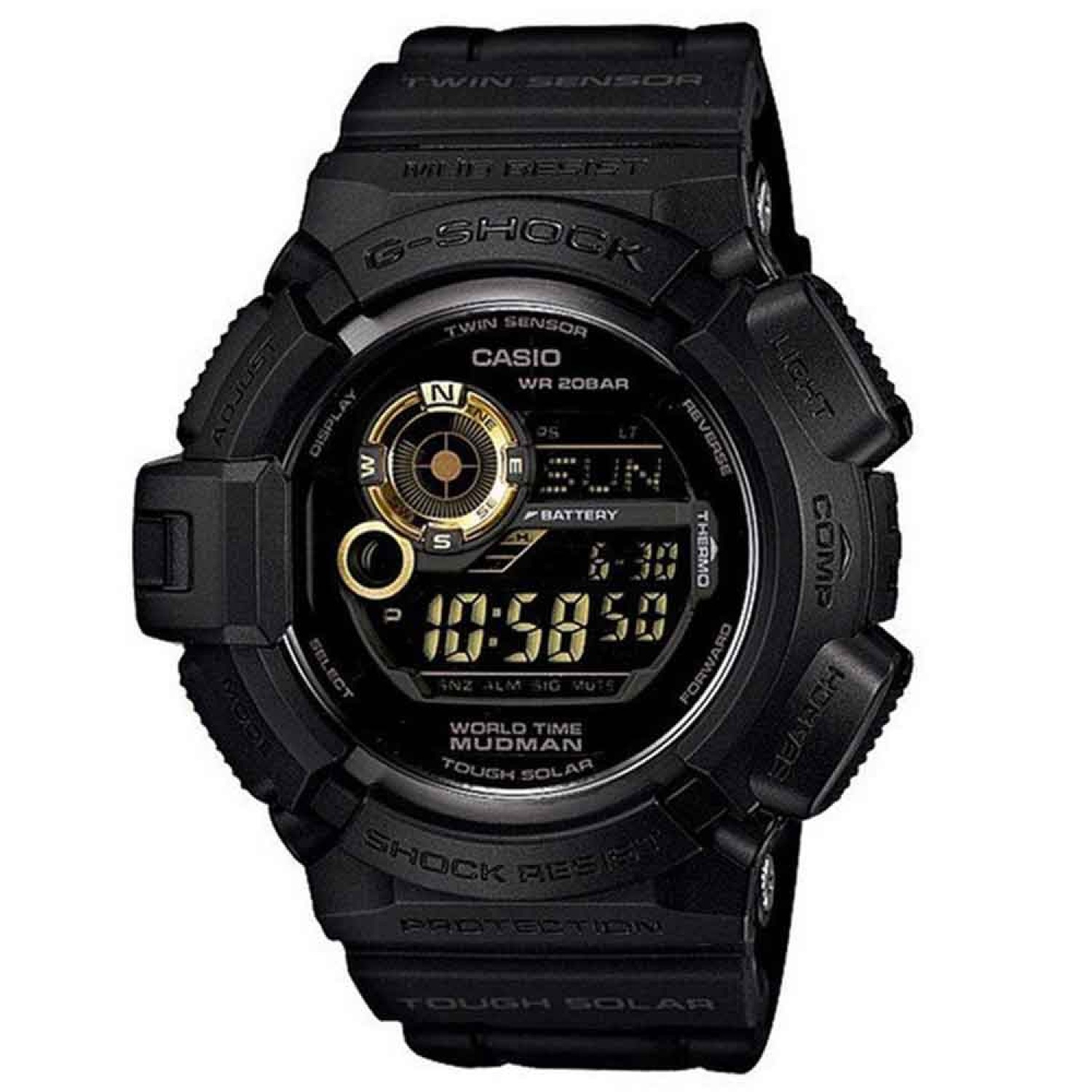 G9300GB-1D G-Shock Mudman Solar Watch. The G9300GB-1D from the MUDMAN is in glossy black. The basic black motif is accented by gold gears and dials that give these watches a mechanical look. Since the release of the original G-SHOCK watch in 198 @christie