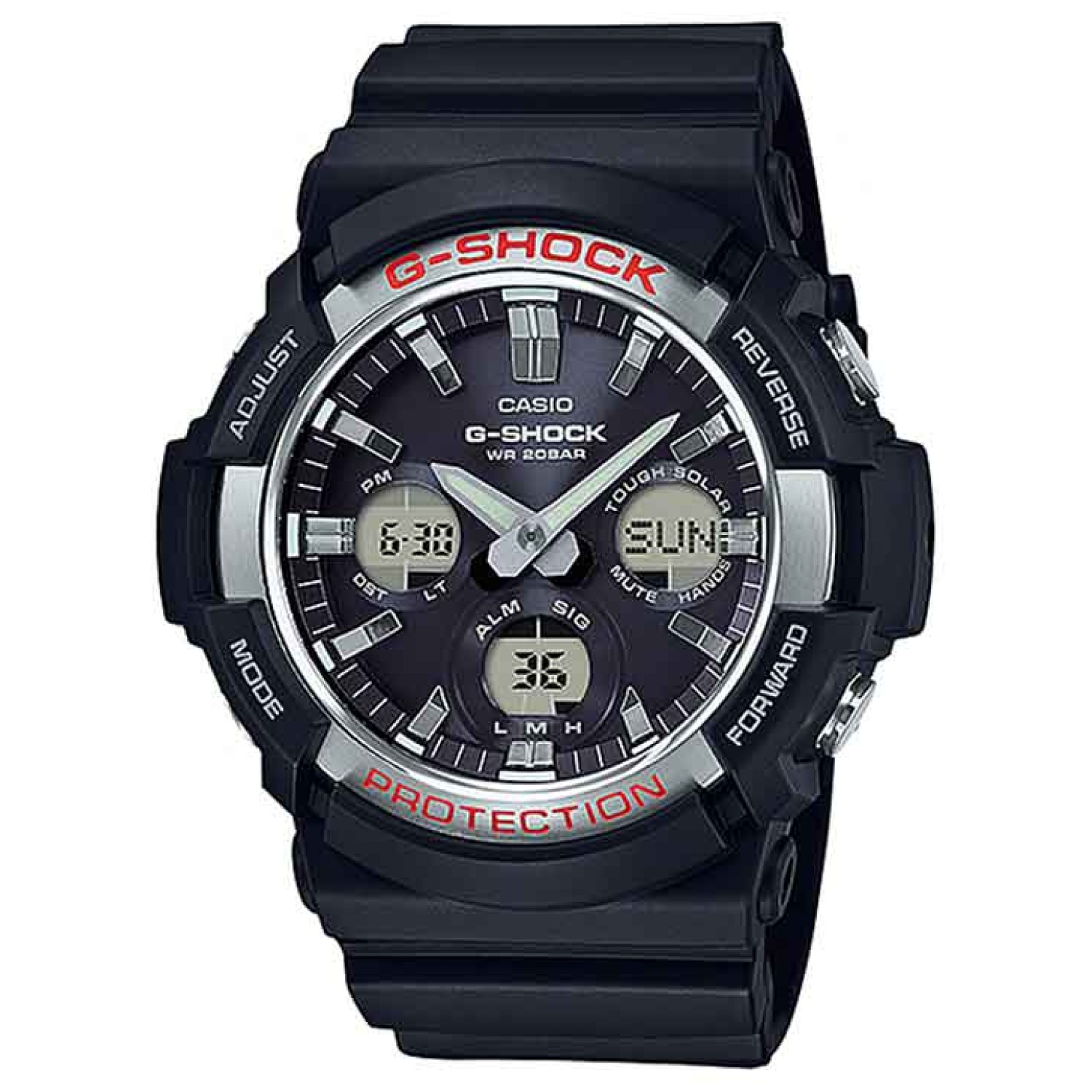 GAS100-1A G-Shock Analog Digital Watch. From G-SHOCK, the watch brand that is constantly setting new standards for timekeeping toughness, come new models based on the big case Tough Solar GAS-100. Variations on a basic black design are created by three di