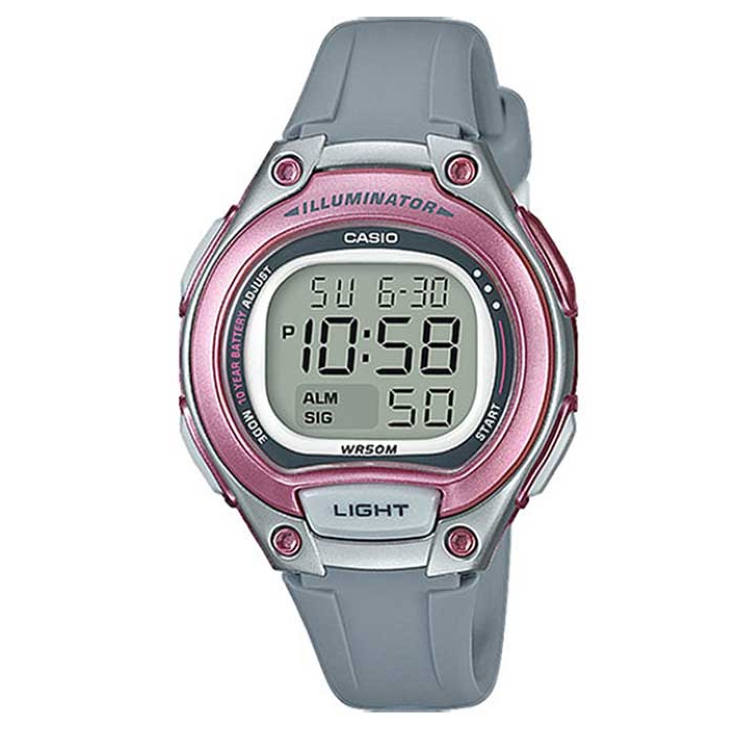 LW203-8A Casio 50 Metres 10 Year Battery Watch. Casio’s Illuminator digital watch is a sleek and sporty timepiece featuring a black plastic resin band, a metallic resin case and a large digital time display with stopwatch and day and date functions. Water