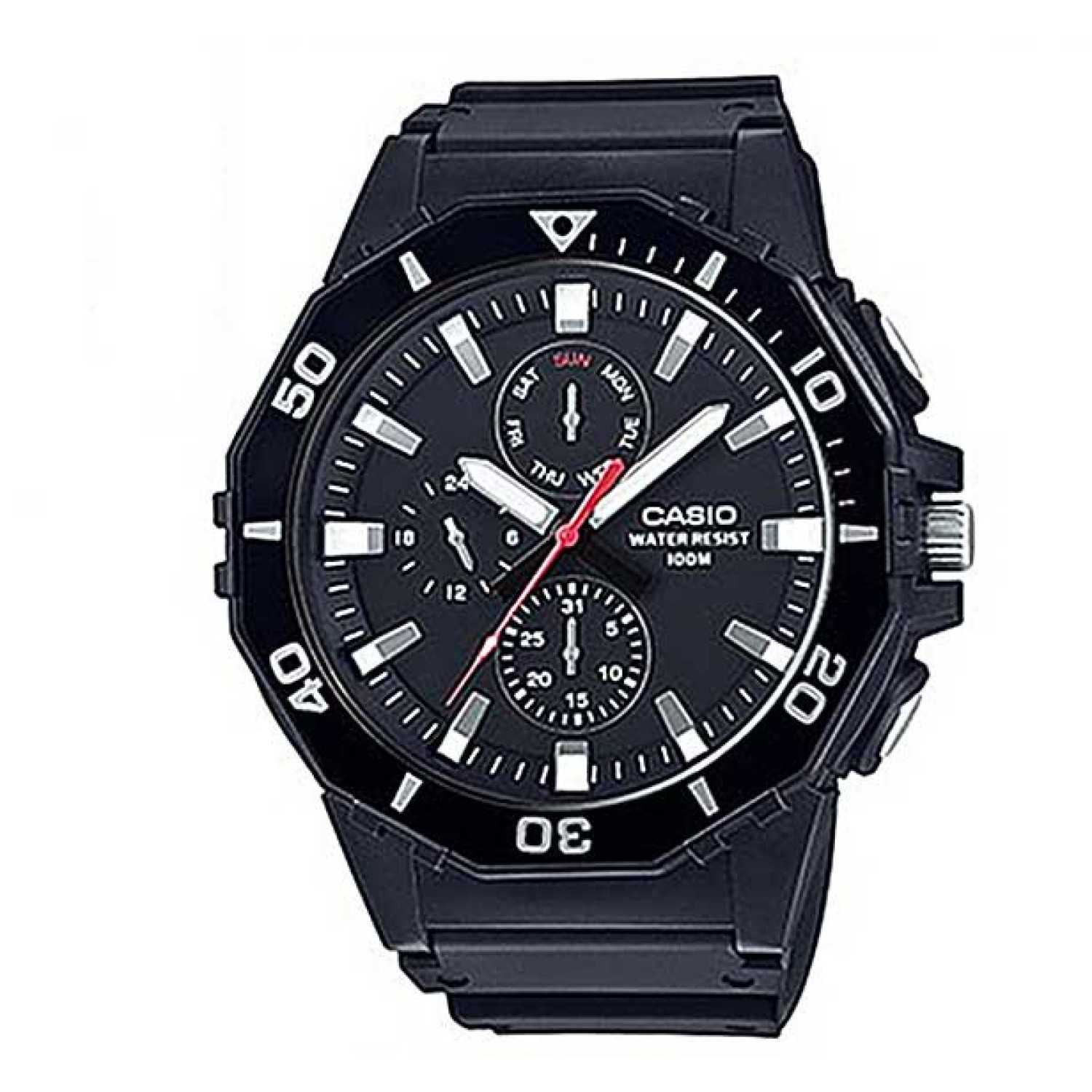 MRW400H-1A Casio 100 Metres Divers Style Watch. If youre searching to buy  a classic diver-look watch, look no further than the MRW400 from Casio.  Its 57.9mm face and large indexes provide at-a-glance information. Couple this with a bi-directional rotati