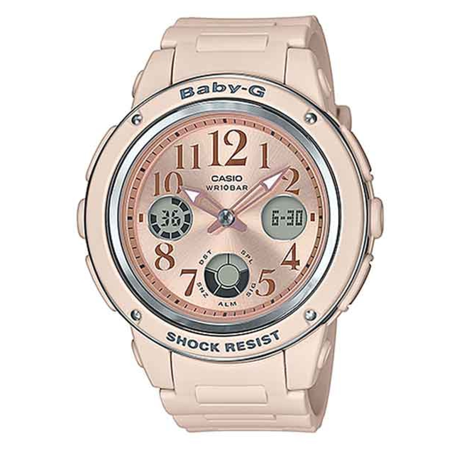 BGA150CP-4B Casio BabY-G Pink Beige Series.   Presenting new trendy colored pink beige additions to the lineup of casual BABY-G watches for the active woman of today. Base model is the popular BGA-150 with simple face design. The accents of the light beig