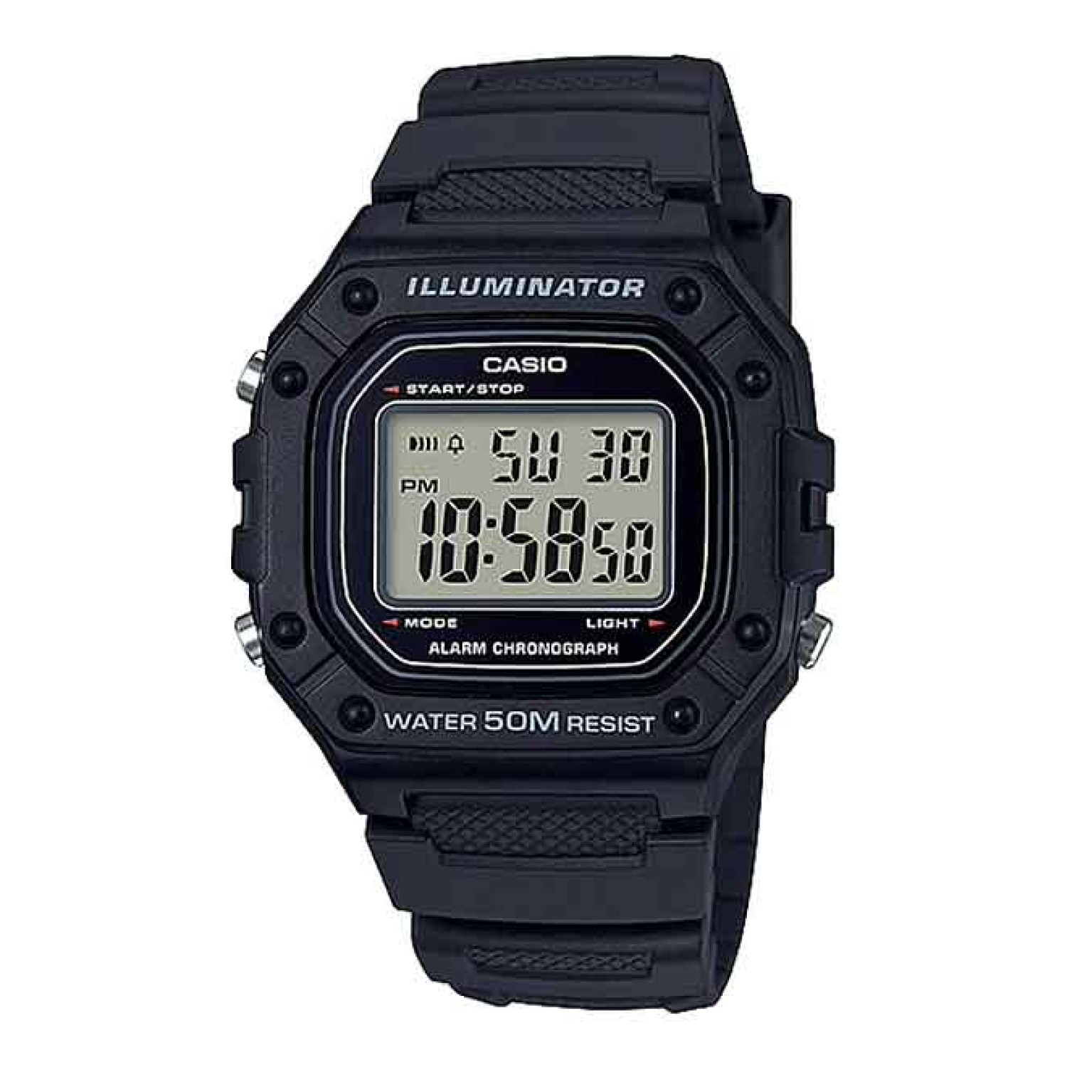 W218H-1A Casio Alarm Chronograph Watch. A standard Caio digital watch in traditional styling. 50 Metres water resist at a great price with 2 year guarantee. 2 Year Casio Guarantee which is only available at authorised New Zealand Casio Stockists. 3 Months