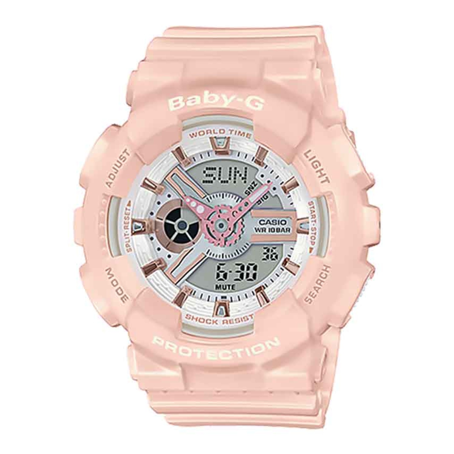 BA110RG-4A Casio BABY-G Pink Gold Watch. Pink Gold Index: From BABY-G, the casual watch for active women, comes a collection of new models with designs accented with rose gold metallic elements, based on the popular mannish design BA-110. These models are