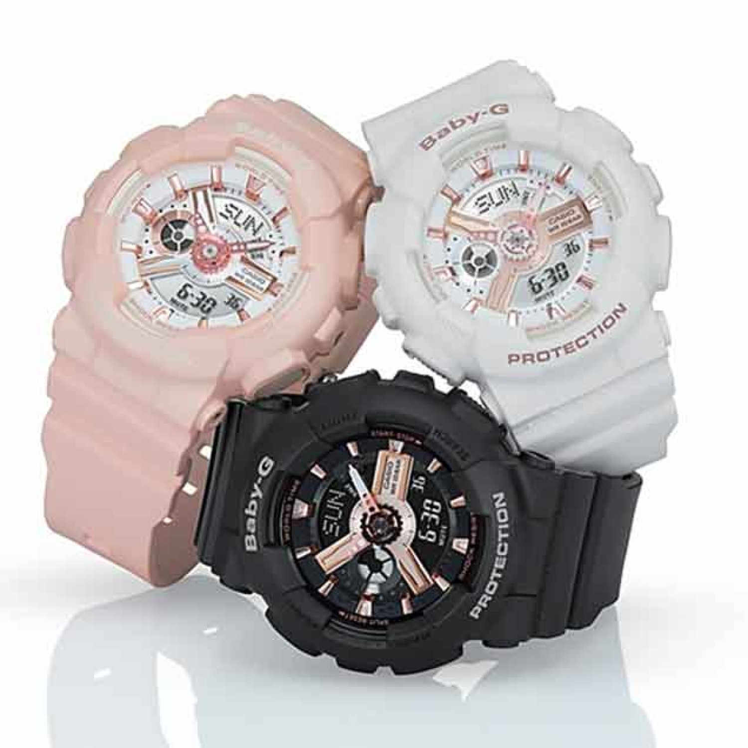 BA110RG-4A Casio BABY-G Pink Gold Watch. Pink Gold Index: From BABY-G, the casual watch for active women, comes a collection of new models with designs accented with rose gold metallic elements, based on the popular mannish design BA-110. These models are