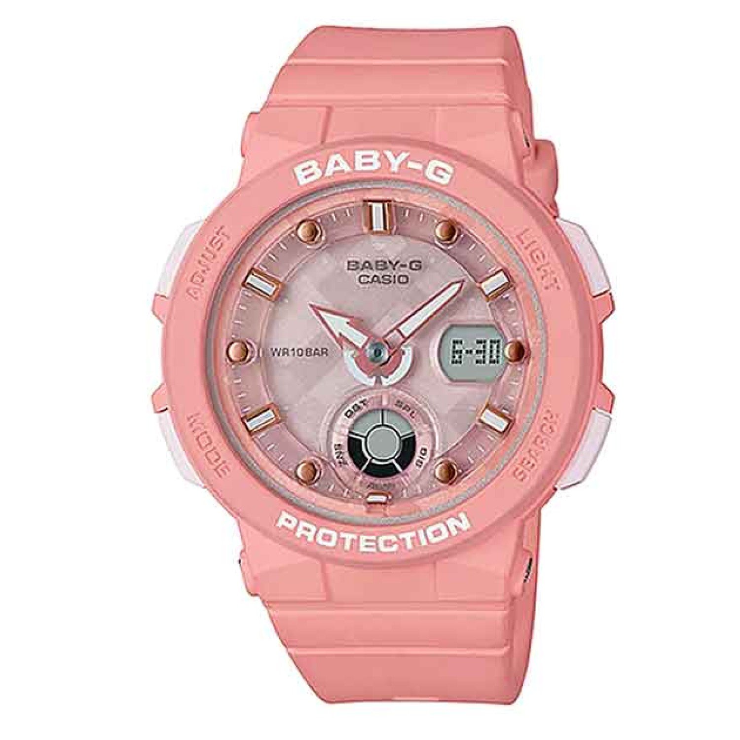 BGA250-4A Casio BabY-G  Beach Traveler Series. Introducing a new Beach Traveler Series of summer themed models from BABY-G, the casual watch for active women. Part of a series based on a theme that highlights the beauty of a summertime beach, these models