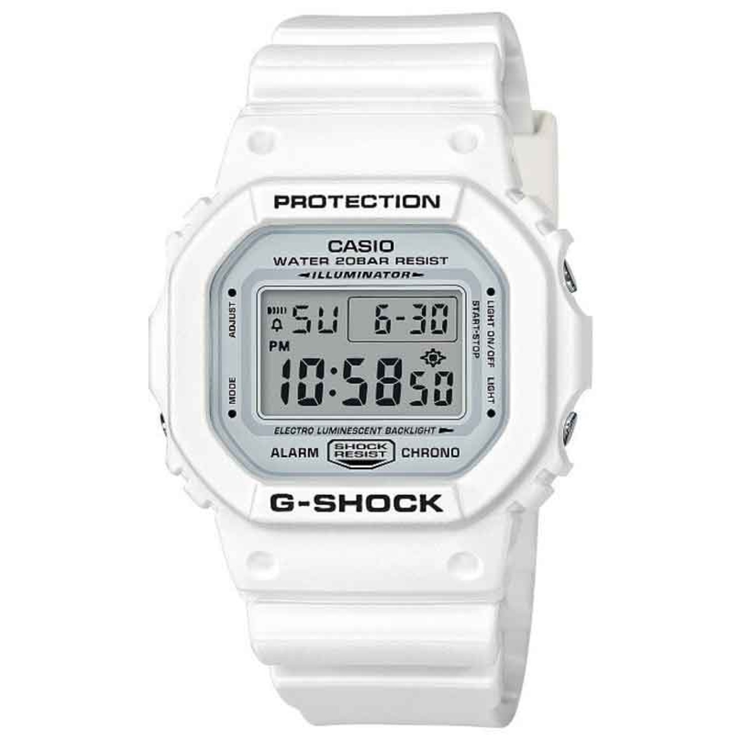 DW5600MW-7D G-Shock Marine White Series Watch. The DW5600MW-7 is based on the original square G-Shock design and features an EL backlight with afterglow, stopwatch, countdown timer, and alarm.  The DW5600MW-7 has a matte white exterior with black letterin