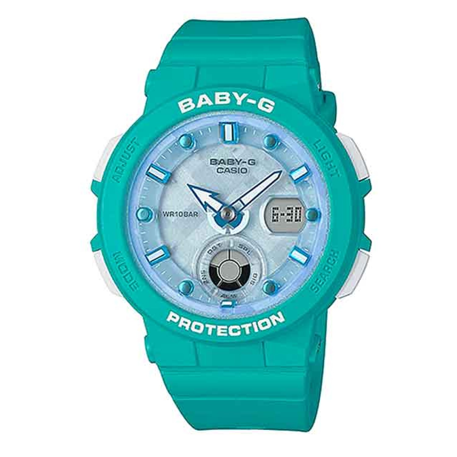 BGA250-2A Casio BabY-G  Beach Traveler Series. Introducing a new Beach Traveler Series of summer themed models from BABY-G, the casual watch for active women. Part of a series based on a theme that highlights the beauty of a summertime beach, these models
