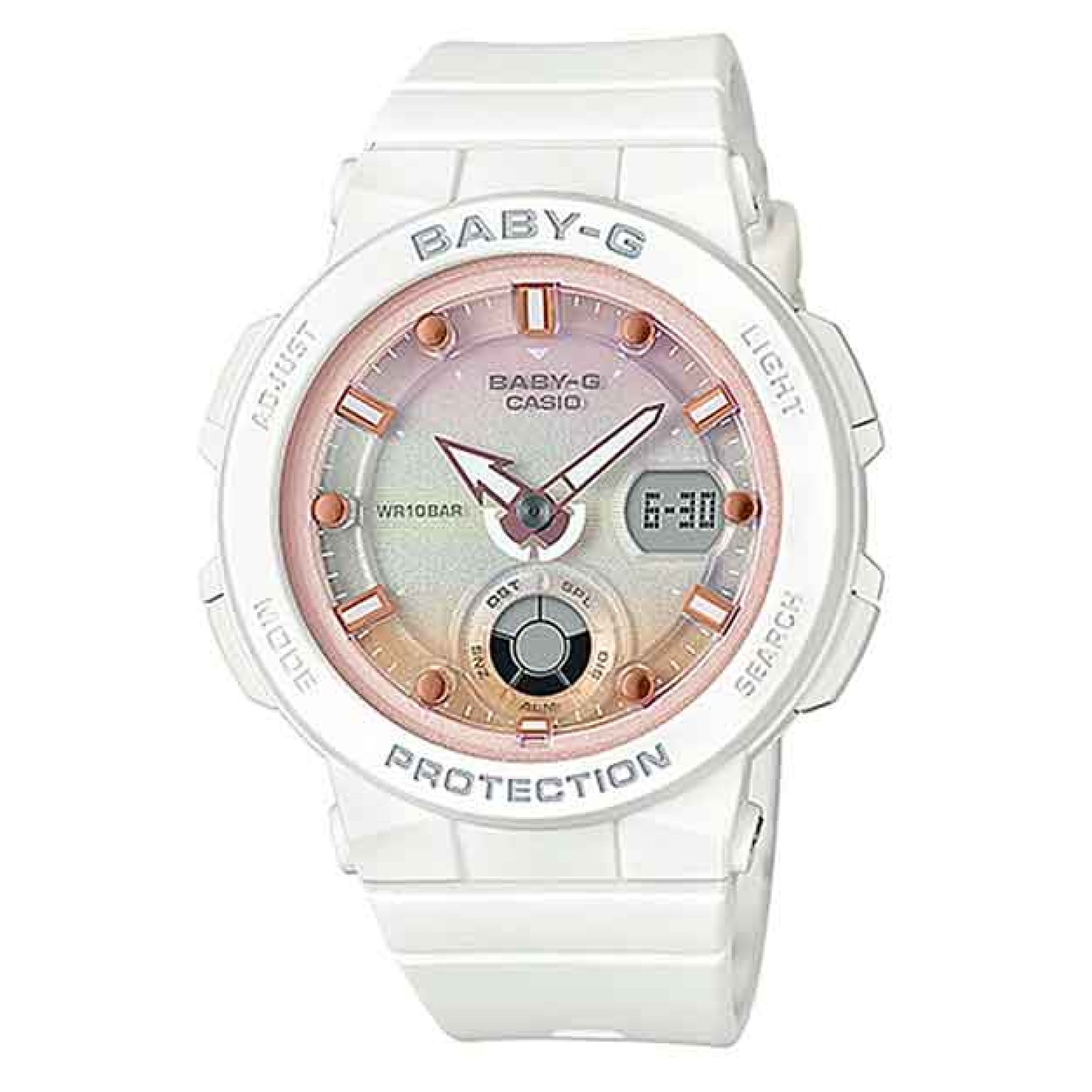 BGA250-7A2 Casio BabY-G  Beach Traveler Series. Introducing a new Beach Traveler Series of summer themed models from BABY-G, the casual watch for active women. Part of a series based on a theme that highlights the beauty of a summertime beach, these model