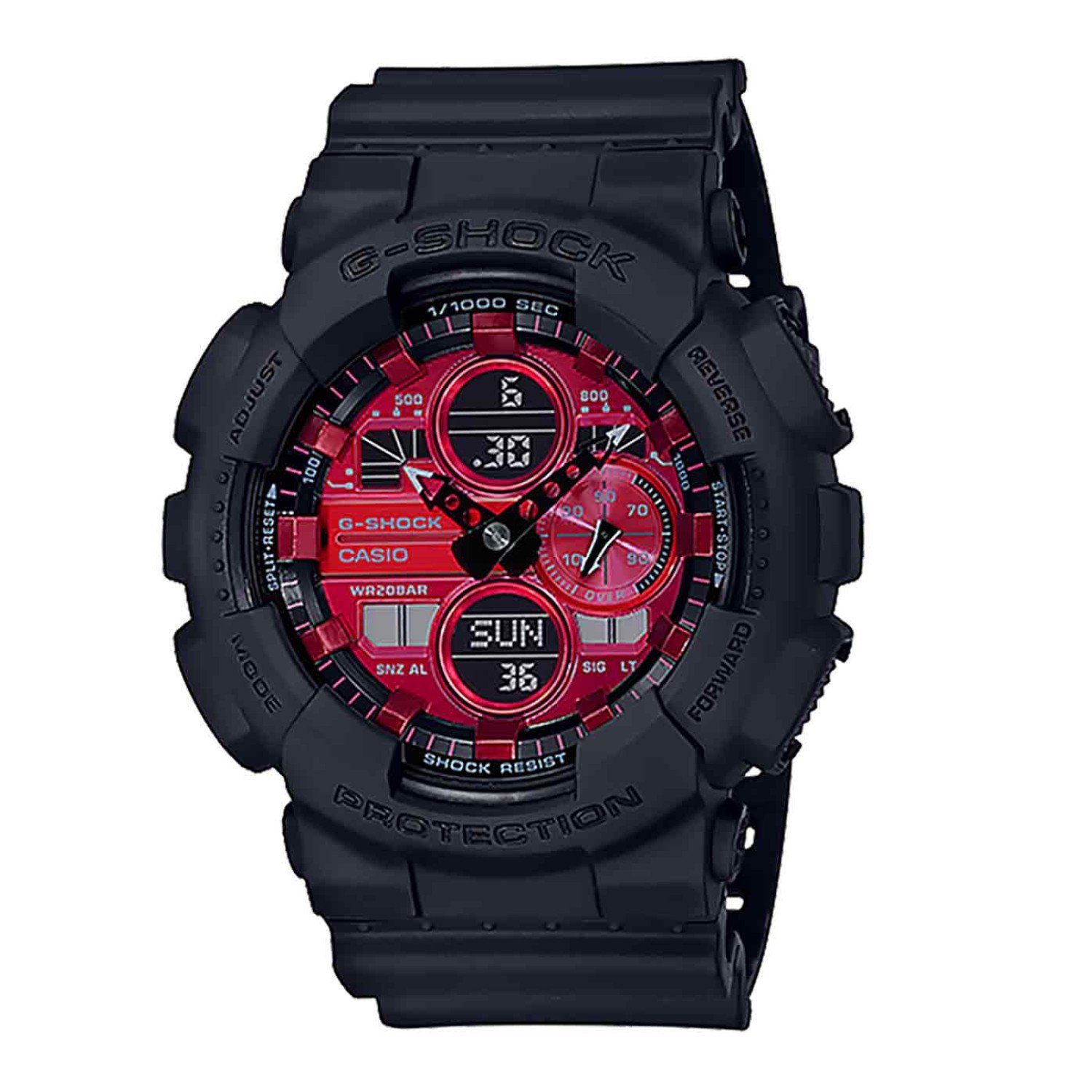GA140AR-1A Casio G-SHOCK Analog Digital Limited Colour Series Watch. G-SHOCK have released a  new red colour series that exude high energy. Base models are the original square face DW-5600, the plastic and metal GAS-100, the tough and bold GA-700, and the