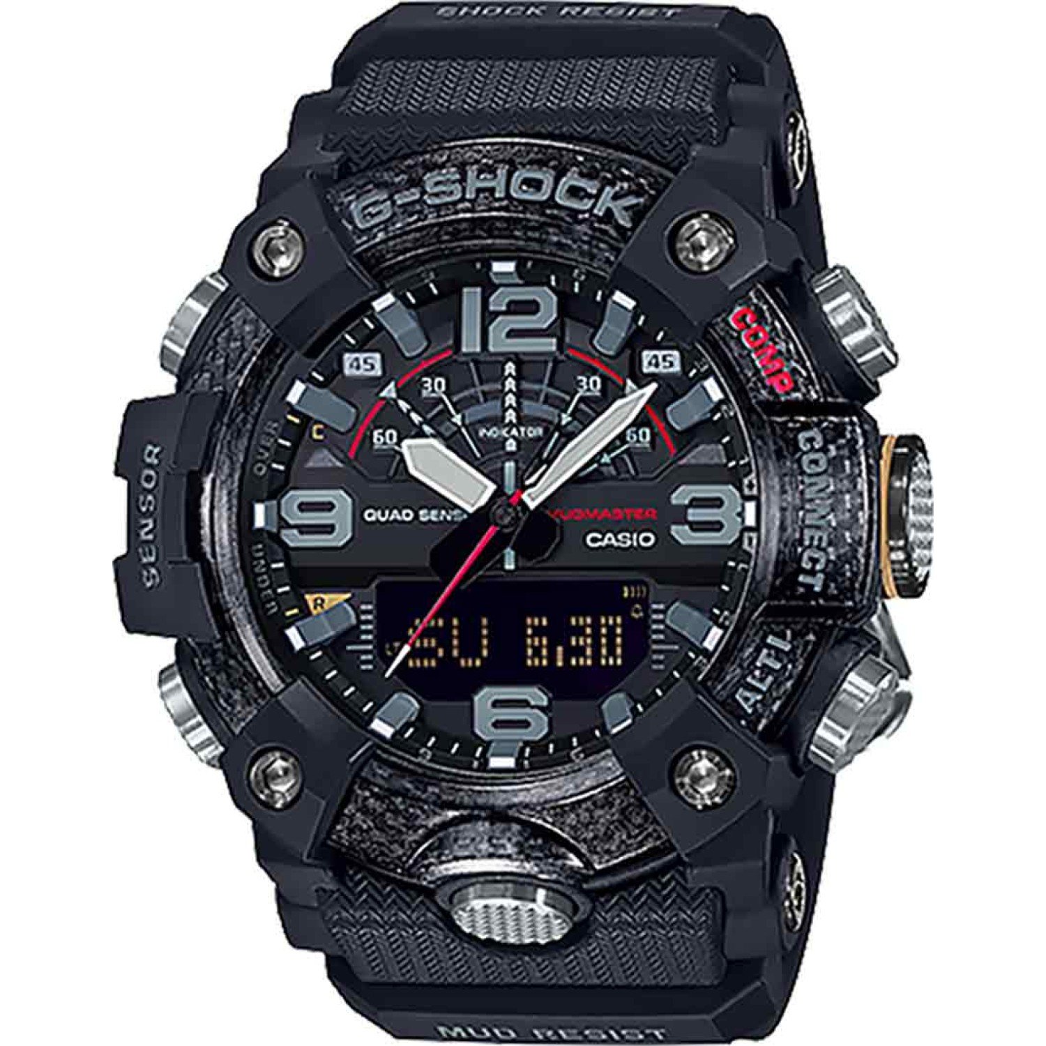 GGB100-1A G-SHOCK Mudmaster Master of G Series. From the MASTER OF G Series MUDMASTER, the watch that is designed and engineered to withstand rough land environments, come carbon resin models that incorporate a new type of structure. The case is made of h