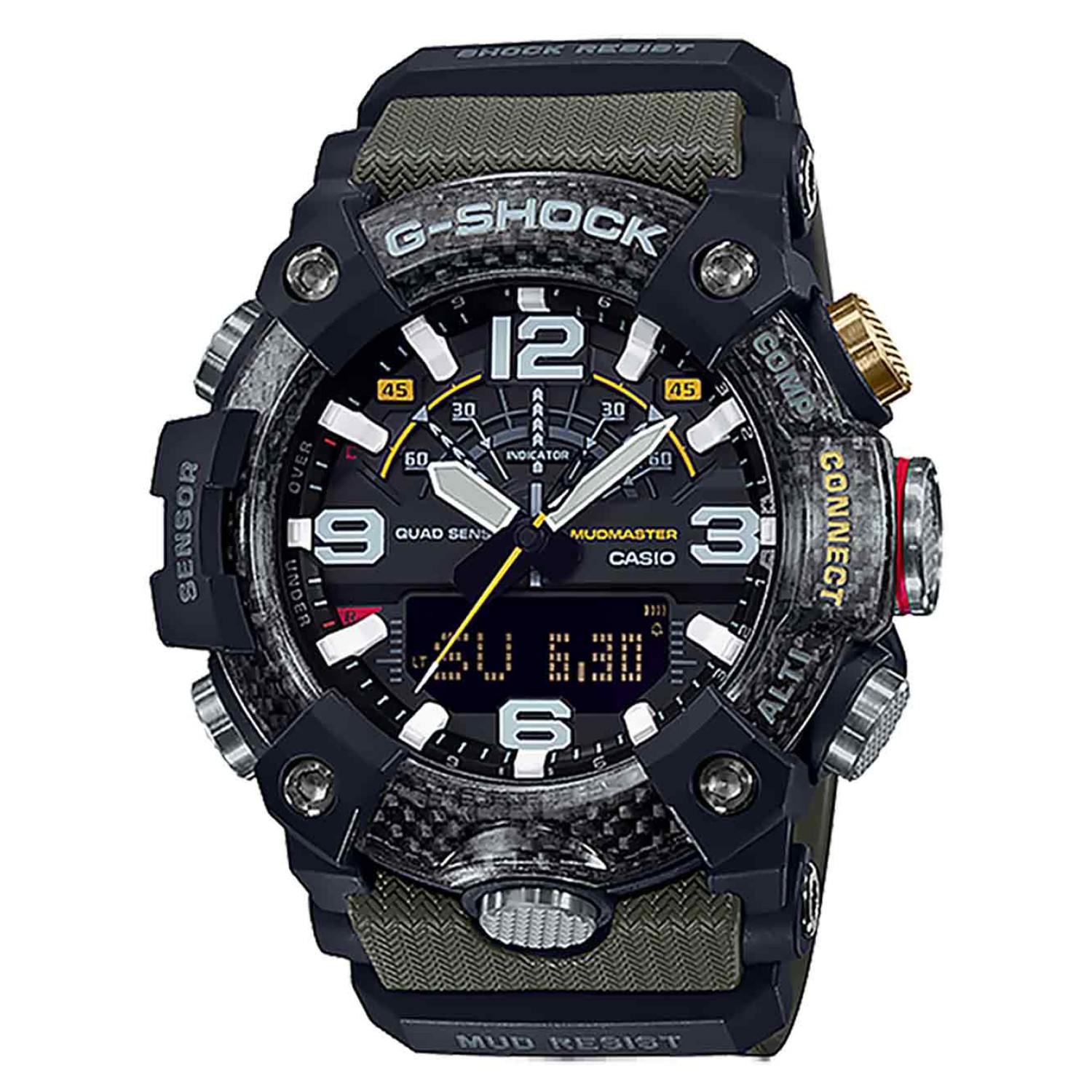 GGB100-1A3 G-SHOCK Mudmaster Master of G Series. From the MASTER OF G Series MUDMASTER, the watch that is designed and engineered to withstand rough land environments, come carbon resin models that incorporate a new type of structure. The case is made of 