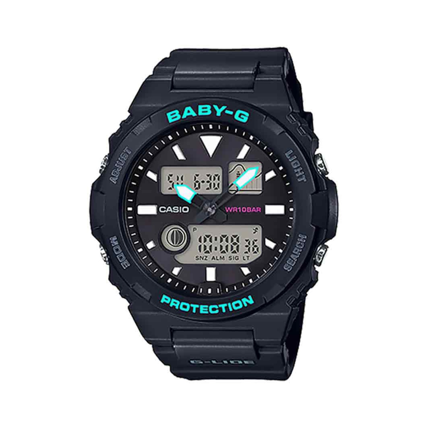 BAX100-1A Casio BabY-G G-LIDE. These new analog-digital additions to the BABY-G G-LIDE sports lineup with Tide Graph capabilities go great with surfing and other casual styles.  Unique thin-case designs are created based on the G-SHOCK like for casio digi