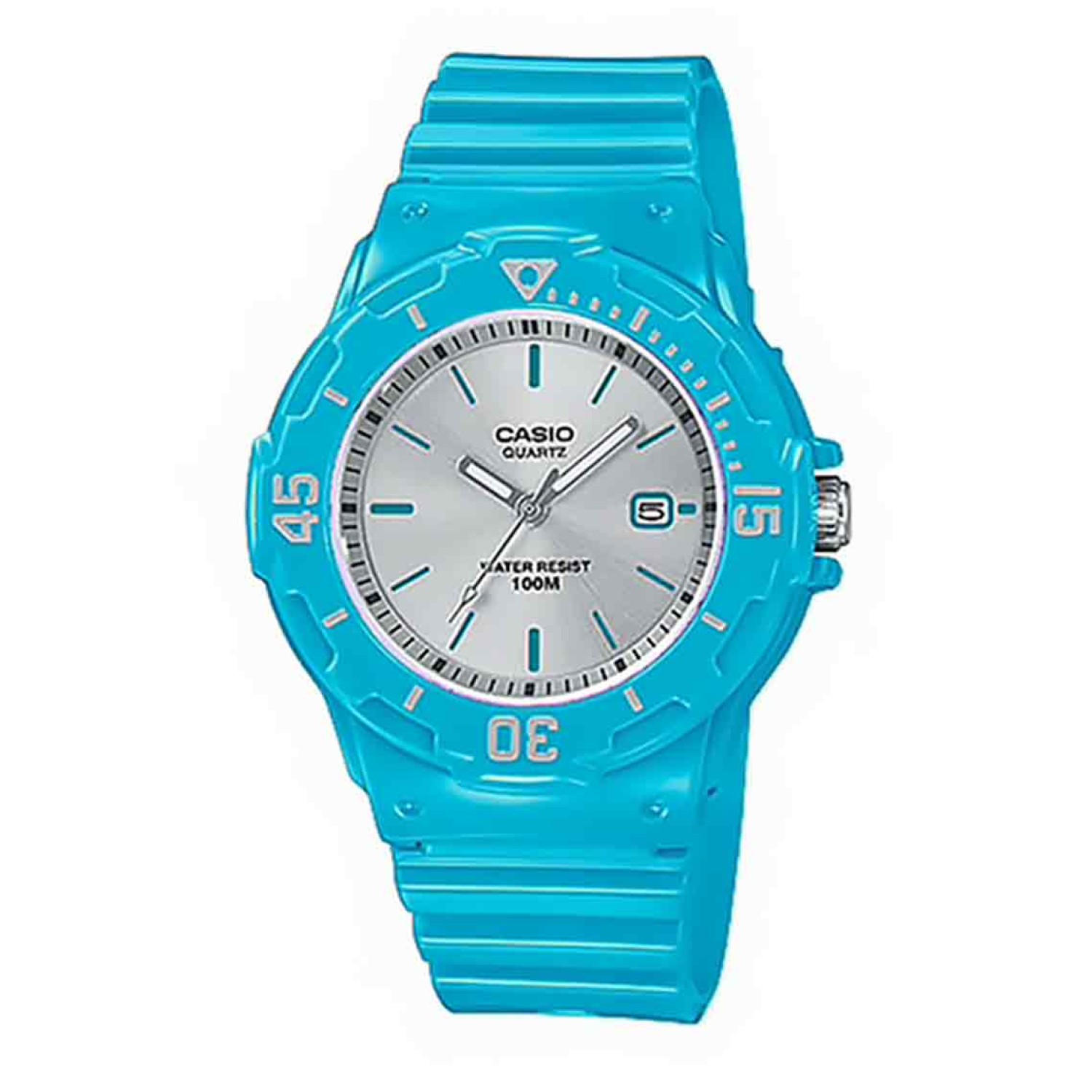 LRW200H-2E3V Casio 100 Metres Watch. Simple and compact, these dive inspired ladies and girls 3-hand analog timepieces feature 100 metres water resistance, a bi-directional rotating bezel and date display.  2 Year Casio Guarantee which is only @christies.