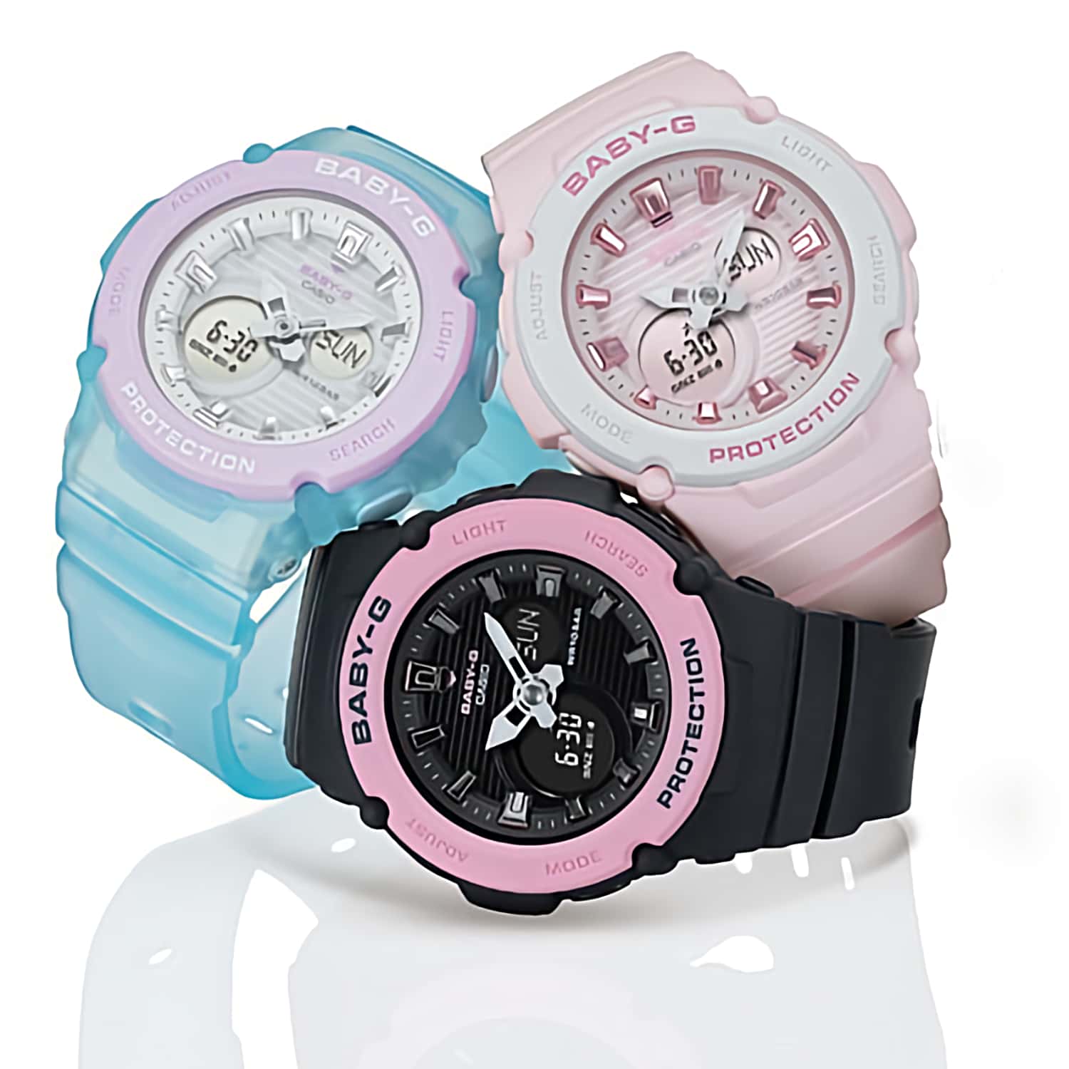 BGA270-1A Casio Baby-G Sports Watch. Introducing new models from BABY-G, the casual watch for active women. Two-piece bezels make it possible to create colourful combinations, and a basic “PROTECTION” design adds to the overall sporty look of these watche