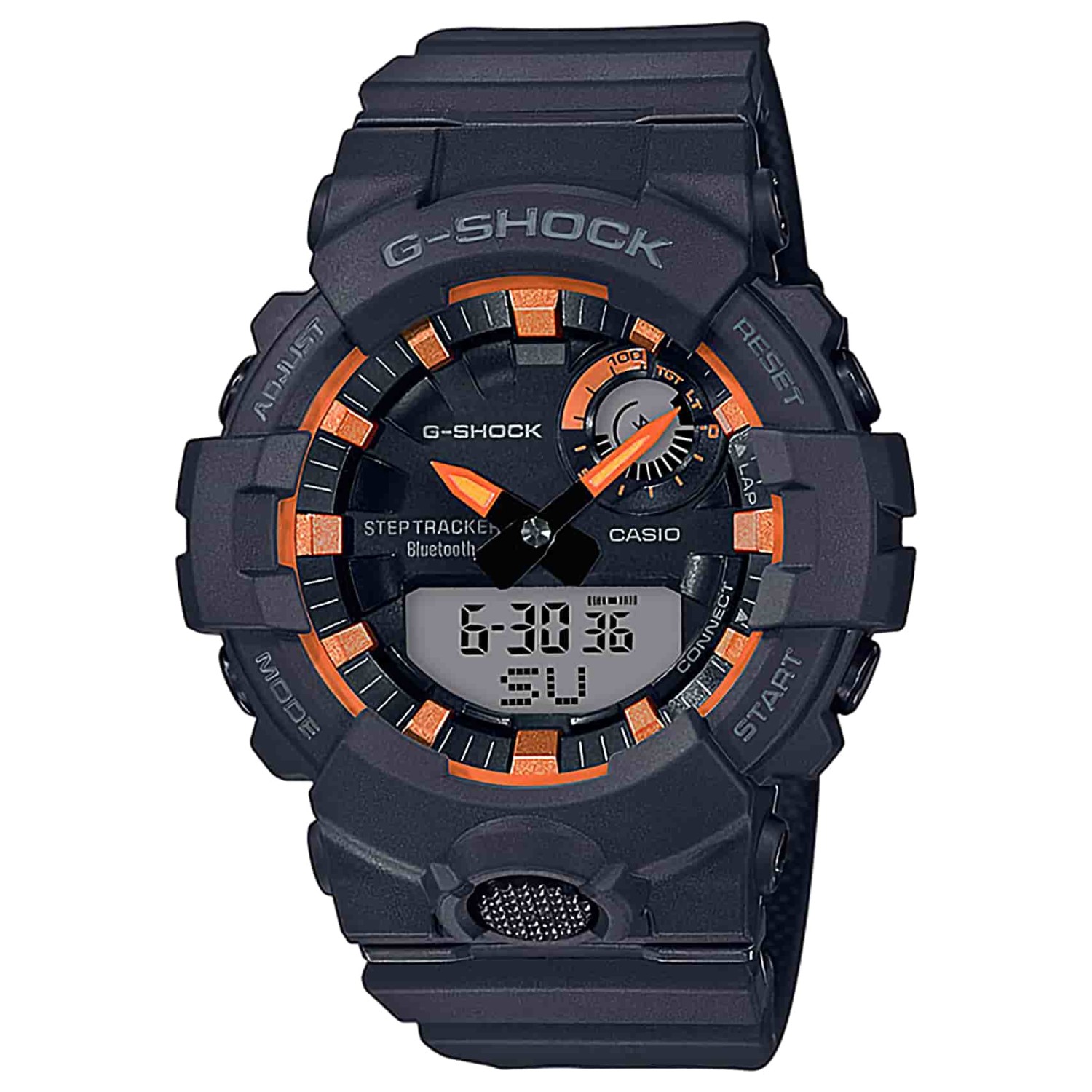 GBA800SF-1A G-SHOCK G-Squad Sports Watch. This new G-SQUAD GBA-800 model is the latest additions to the G-SHOCK lineup of watches that are constantly setting new standards for timekeeping toughness. The orange accent colouring of this model expresses adve