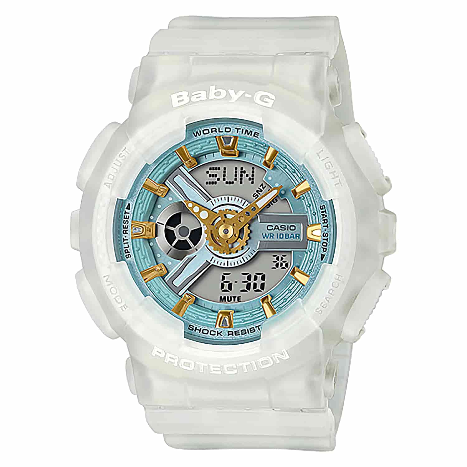 BA110SC-7A Casio BABY-G Special Colour Watch. From BABY-G, the casual watch for active women, come new models decorated with sea glass colours. Sea glass is natural frosted glass found on beaches along bodies of salt water, which takes decades to acquire 