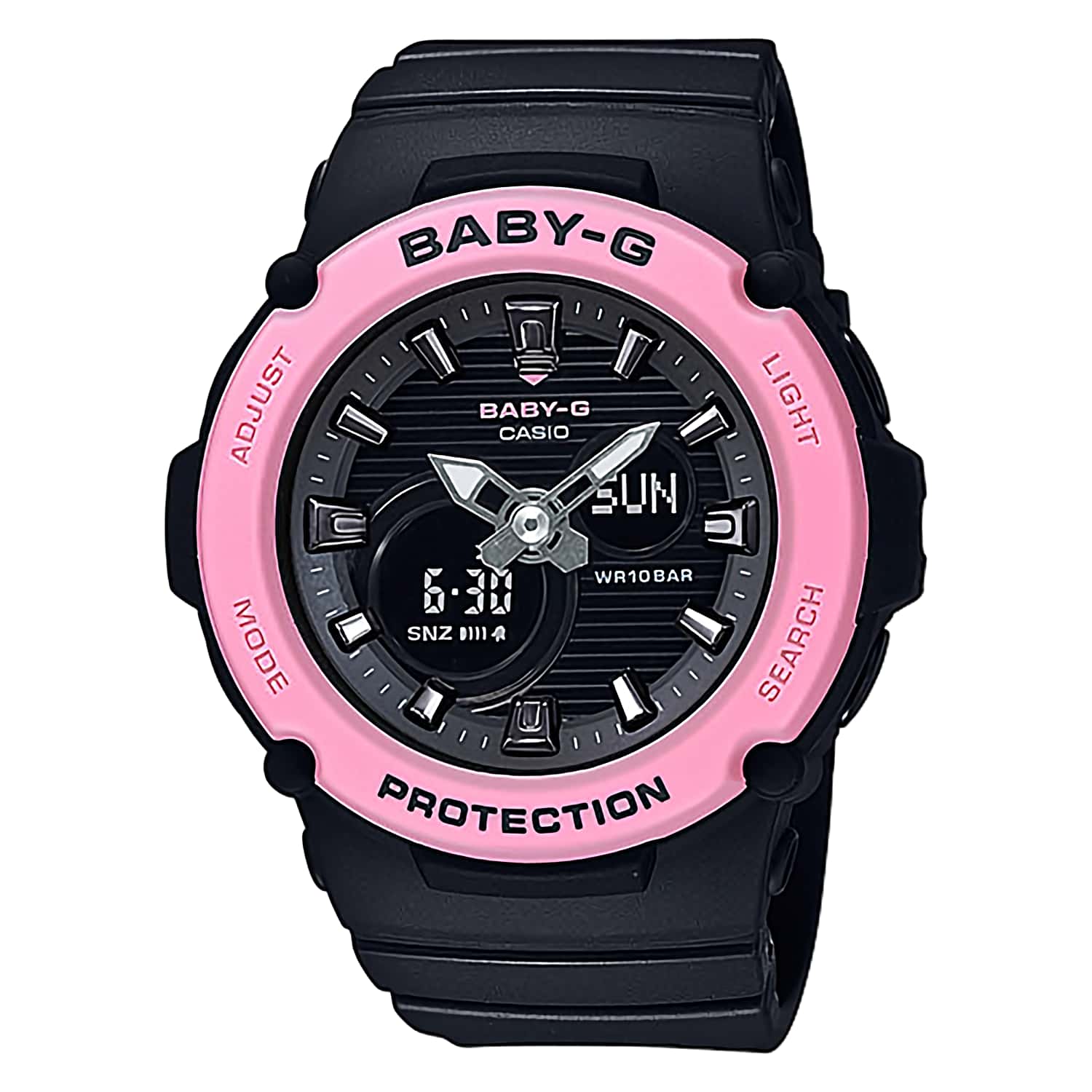 BGA270-1A Casio Baby-G Sports Watch. Introducing new models from BABY-G, the casual watch for active women. Two-piece bezels make it possible to create colourful combinations, and a basic “PROTECTION” design adds to the overall sporty look of these watche