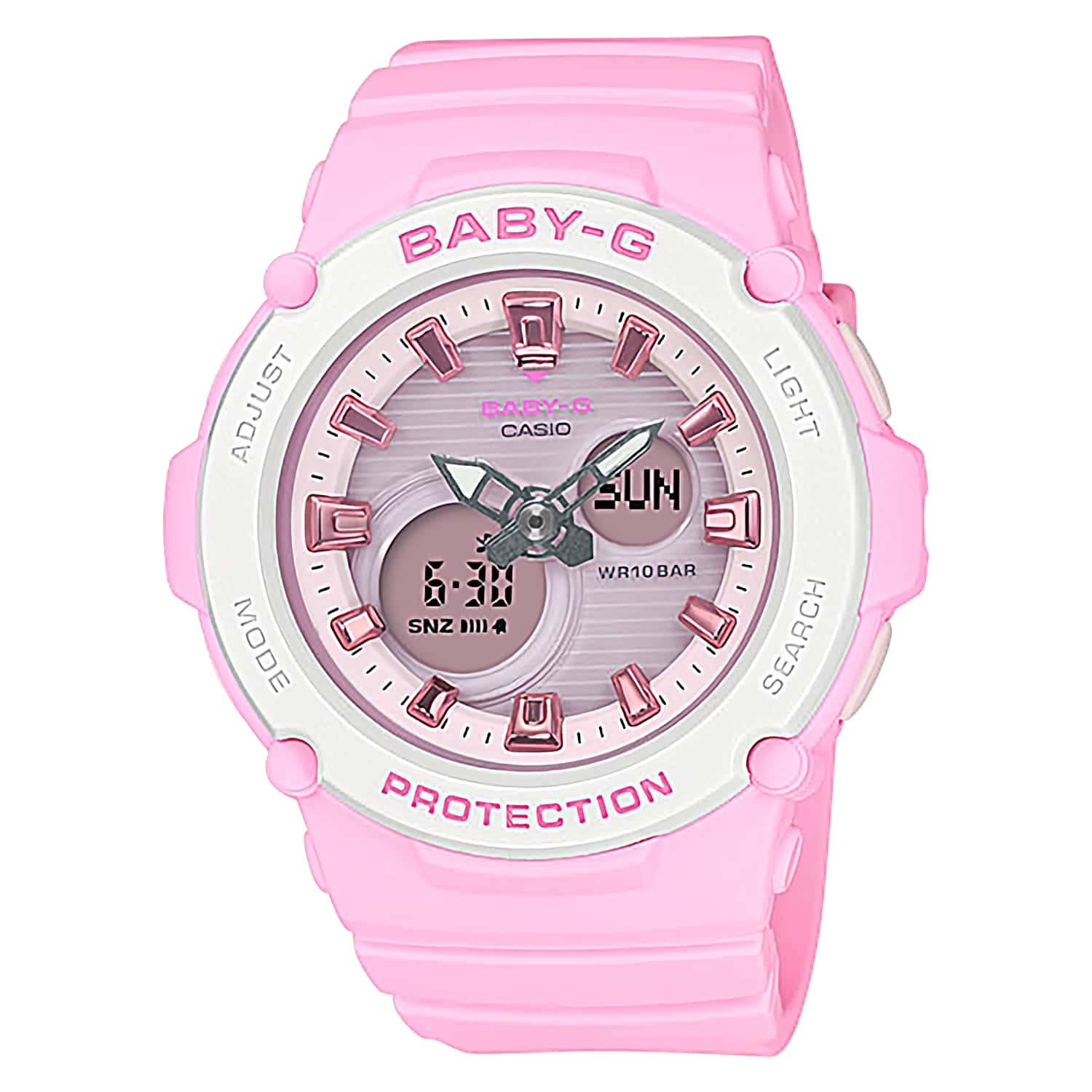 BGA270-4A Casio Baby-G Sports Watch. Introducing new models from BABY-G, the casual watch for active women. Two-piece bezels make it possible to create colourful combinations, and a basic “PROTECTION” design adds to the overall sporty look of these watche