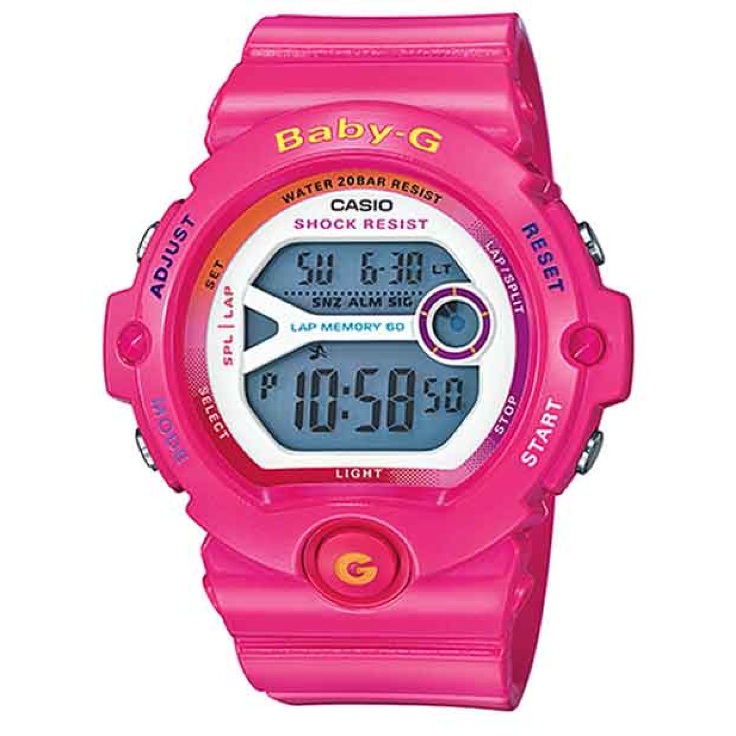 BG6903-4B Casio BabY-G Dual Time Watch. These Baby-G models have been specially designed with runners in mind. The stopwatch is equipped with memory for up to 60 laps, and a large case design enables easy reading of elapsed time and lap times while runnin