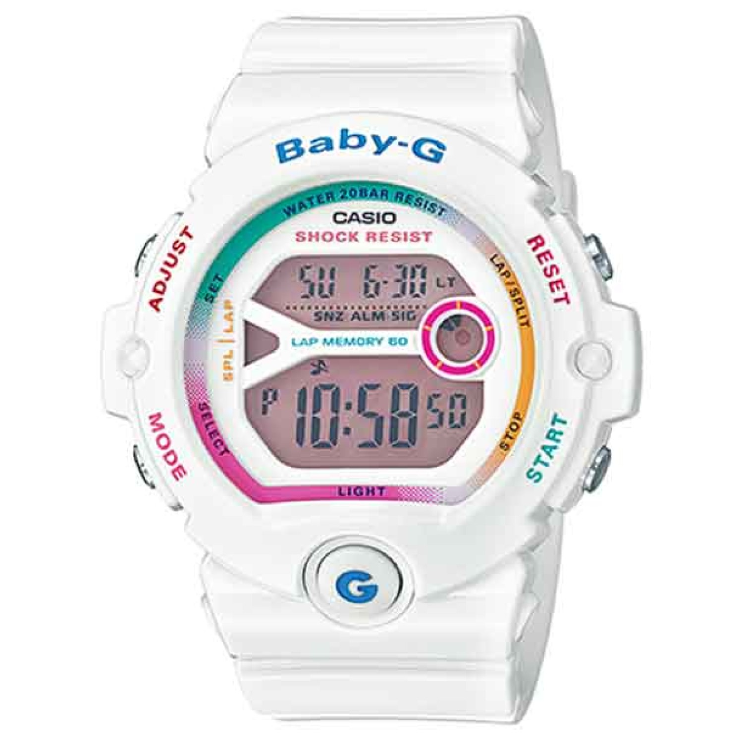 BG6903-7C Casio BabY-G Runners Watch. These Baby-G models have been specially designed with runners in mind. The stopwatch is equipped with memory for up to 60 laps, and a large case design enables easy reading of elapsed time and lap times while running.