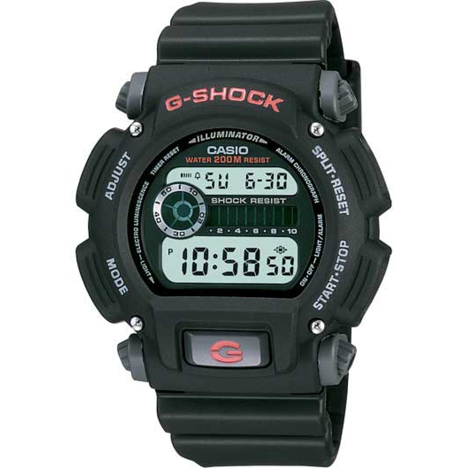 DW9052-1V G-Shock Countdown Alarm Watch. With full 200 metres  water resistantance, Shock Resistant, 24Hr stopwatch and countdown timer, standard issue never looked this good. Black resin band digital watch with black face. Available online or in store at
