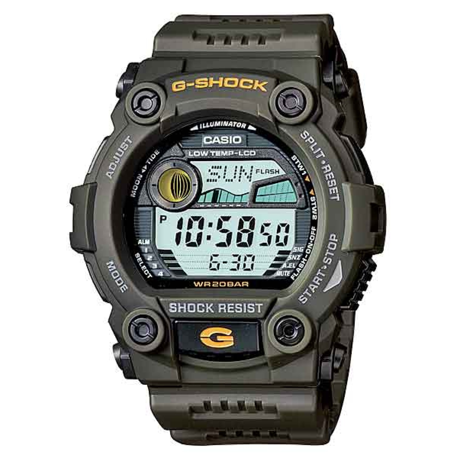 G7900-3D G-Shock Fishing Tide Graph Moon Data Watch. From G-Shock, the watch that delivers unmatched toughness, comes a collection of new models that deliver a new level of protection. These watches are designed and engineered for rough and rugged activit
