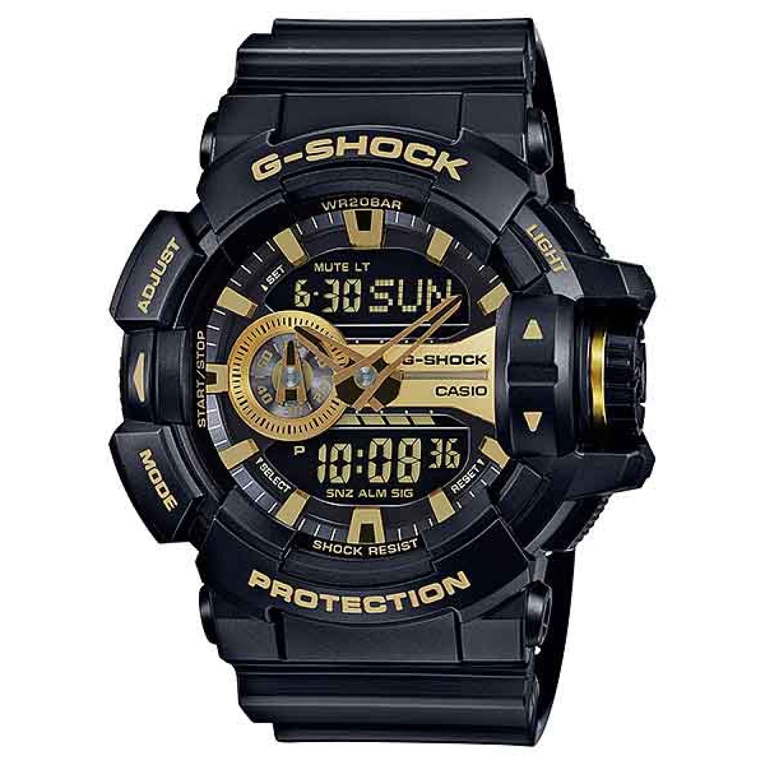 GA400GB-1A9 G-SHOCK Black and Gold. From super-tough G-SHOCK comes a new collection of GA-400 with a large rotary switch for intuitive operation. Basic G-SHOCK black is accented in rose to create a HIP-HOP artist or B-BOY fashion item motif. Black with ro