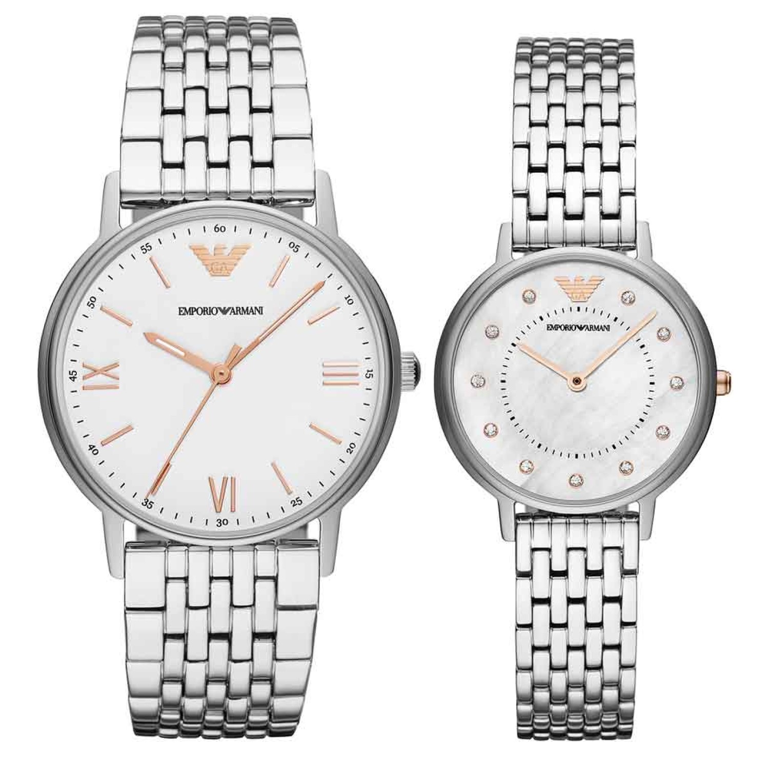 AR80014 Emporio Armani Mens and Ladies Matching Gift Set. This gift boxed watch set from Emporio Armani features a mens watch with a stainless-steel case, matte white dial with rose gold-tone Roman numerals and a polished seven-link bracelet. The set also