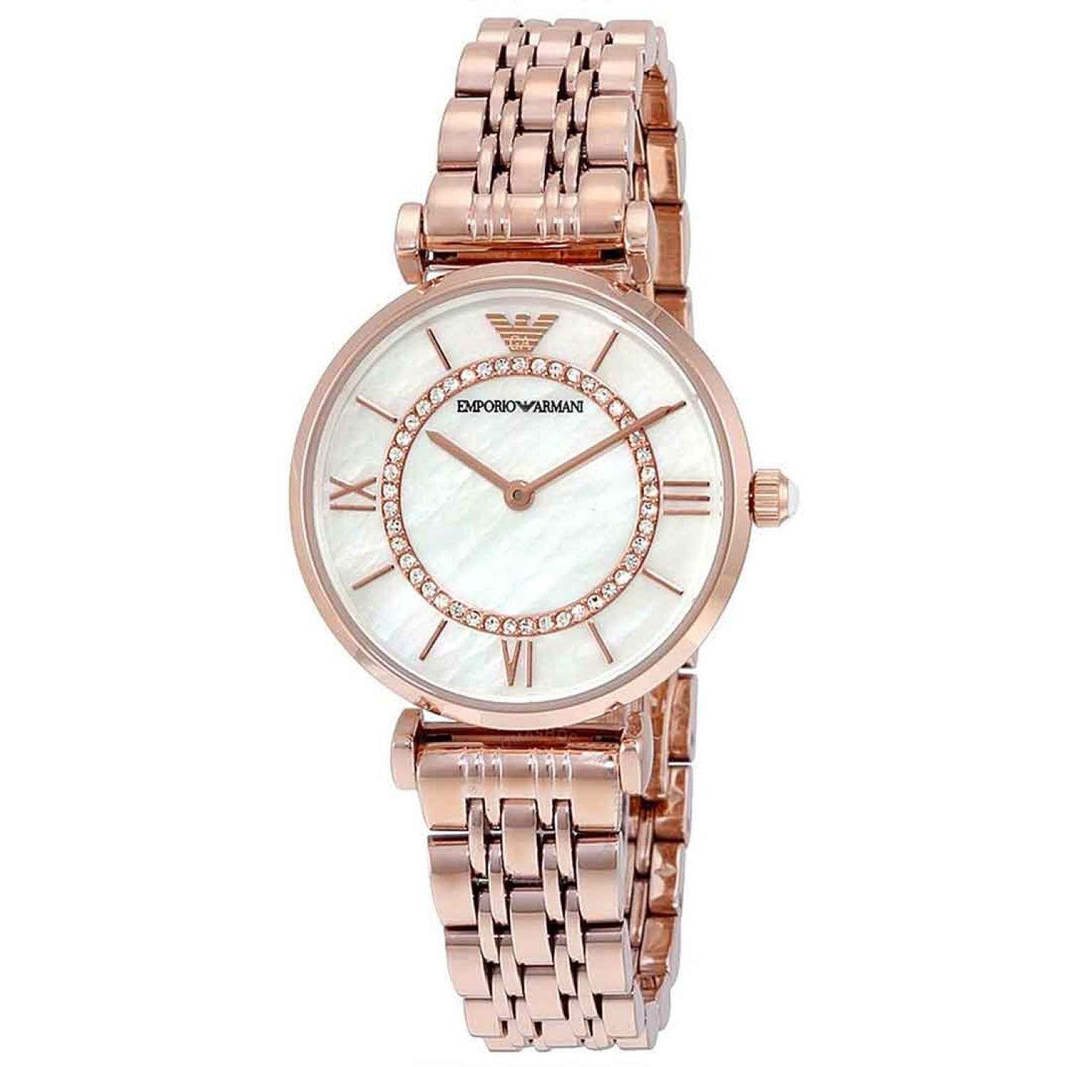 AR1909 Emporio Armani Classic Mother of Pearl Watch. Effortlessly feminine and timeless, the Emporio Armani AR1909 timepiece features a rose gold-tone seven-link bracelet, matching case and a glossy mother-of-pearl dial for a look that exudes chic sophist