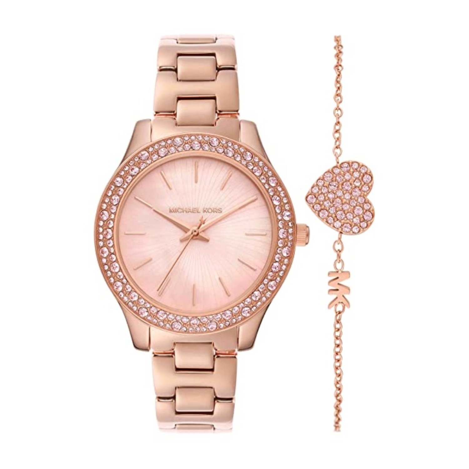 MK1068 SET Michael Kors Liliane Rose Gold Watch set. The watch model MK1068 Set is a Michael Kors ladies' watch and bracelet set that features a stylish and elegant design.