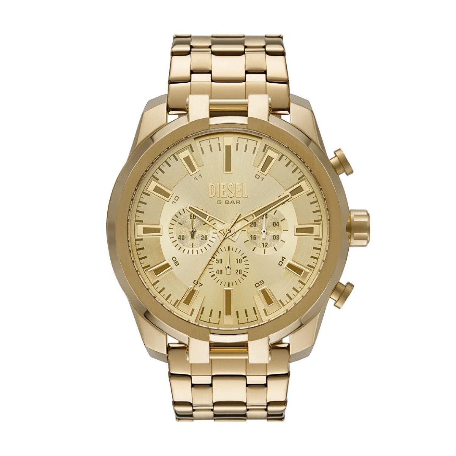 DZ4590-DIESEL SPLIT CHRONOGRAPH GOLD-TONE STAINLESS STEEL BRACELET. This 51mm DZ4590 watch features a gold dial with stick indexes, three-hand movement and gold-tone stainless steel bracelet.