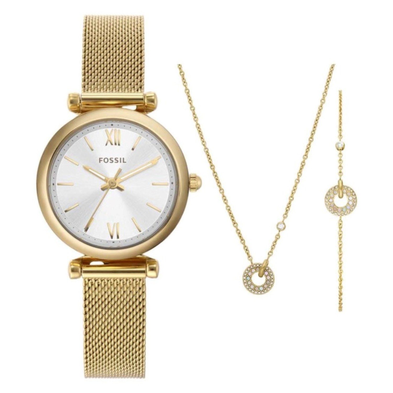 ES5251SET Fossil Carlie Three-Hand Date  Gold-Tone Stainless Steel Mesh Watch and Jewellery Set ES5252SET Fossil Watches in New Zealand - Buy Men’s and Women’s Watches Online - Free Delivery and Afterpay Options