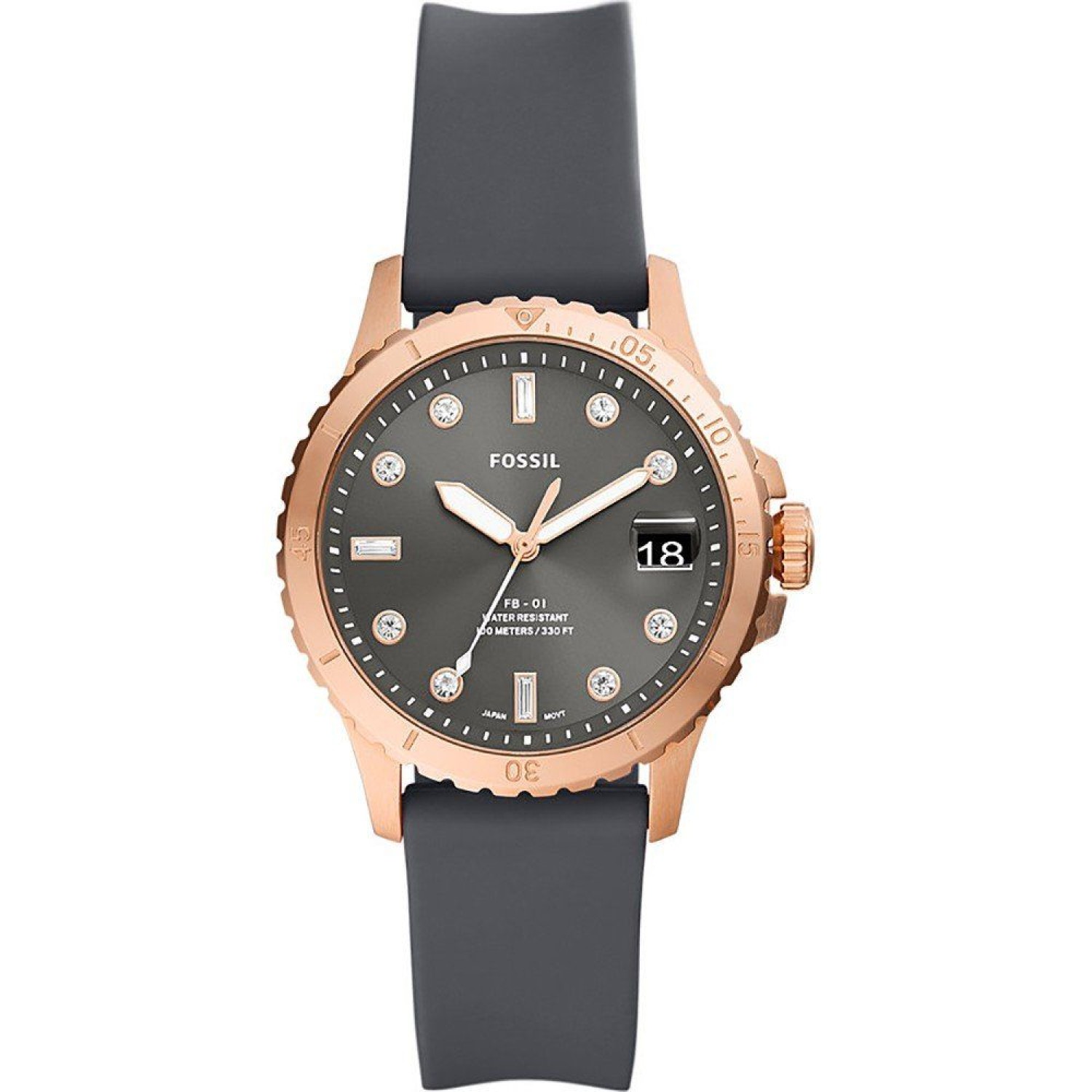 ES5293 Fossil FB-01 Rose-Gold Tone Three-Hand Date Gray Silicone Watch 
