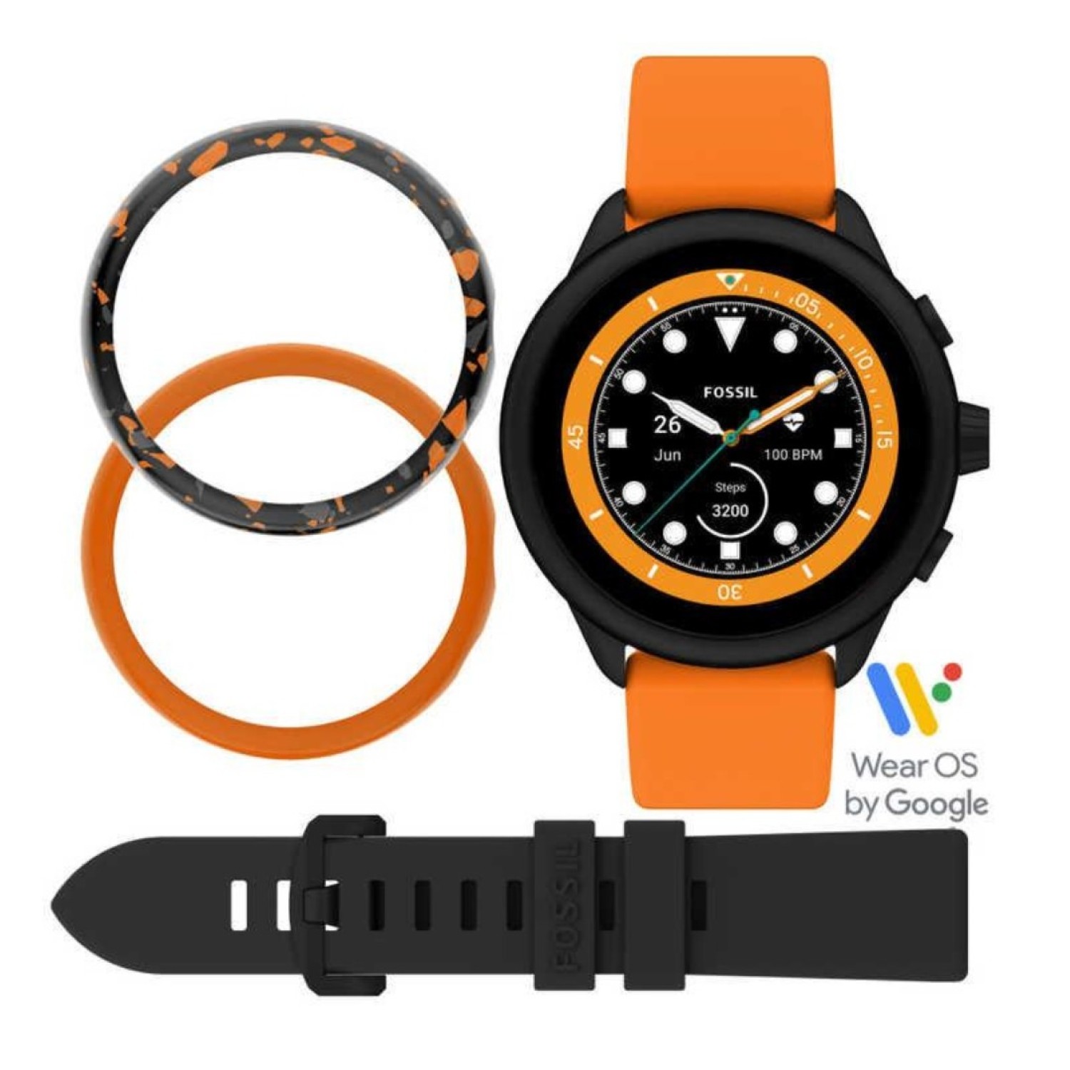 FTW4074SETR Fossil Gen 6 Wellness Edition Smartwatch Orange Silicone and Interchangeable Strap and Bumper Set FTW4075SETR