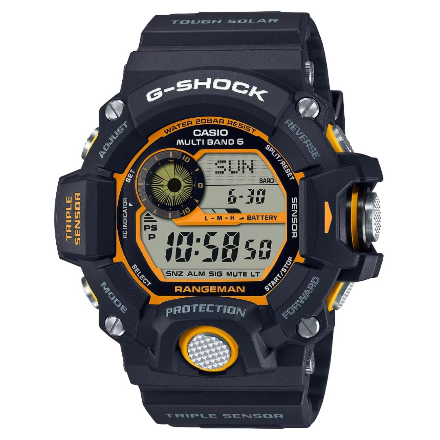 GW9400Y-1D G-Shock Master of G - Rangeman. The GW9400 RANGEMAN is equipped with Triple Sensor to deliver altitude, direction, temperature and barometric pressure readings directly to your wrist.