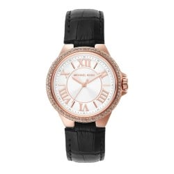 MK2962 MICHAEL KORS WATCH CAMILLE CRYSTAL SET BLACK LEATHER BAND WATCH