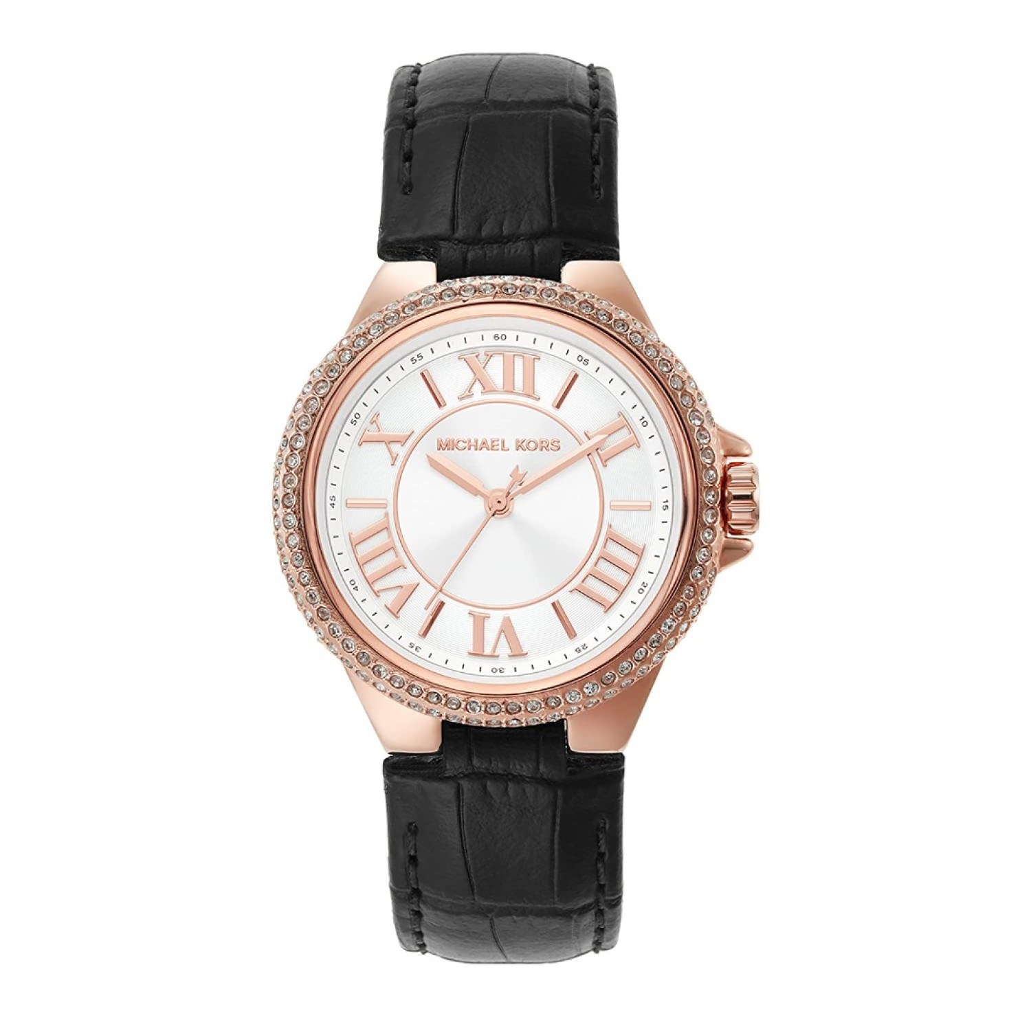 MK2962MICHAEL KORS WATCH CAMILLE CRYSTAL SET BLACK LEATHER WATCH is a stunning timepiece that combines classic elegance with modern sophistication.