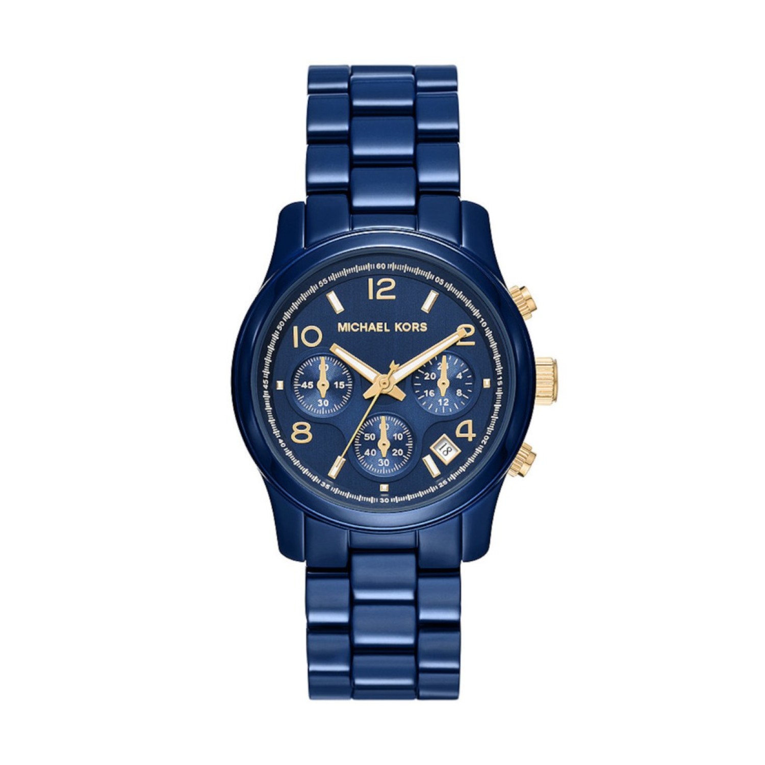 MK7332 Michael Kors Runway Chronograph Navy-Coated Stainless Steel Watch. The MK7332 is a Ladie's wristwatch model from the designer brand Michael Kors.