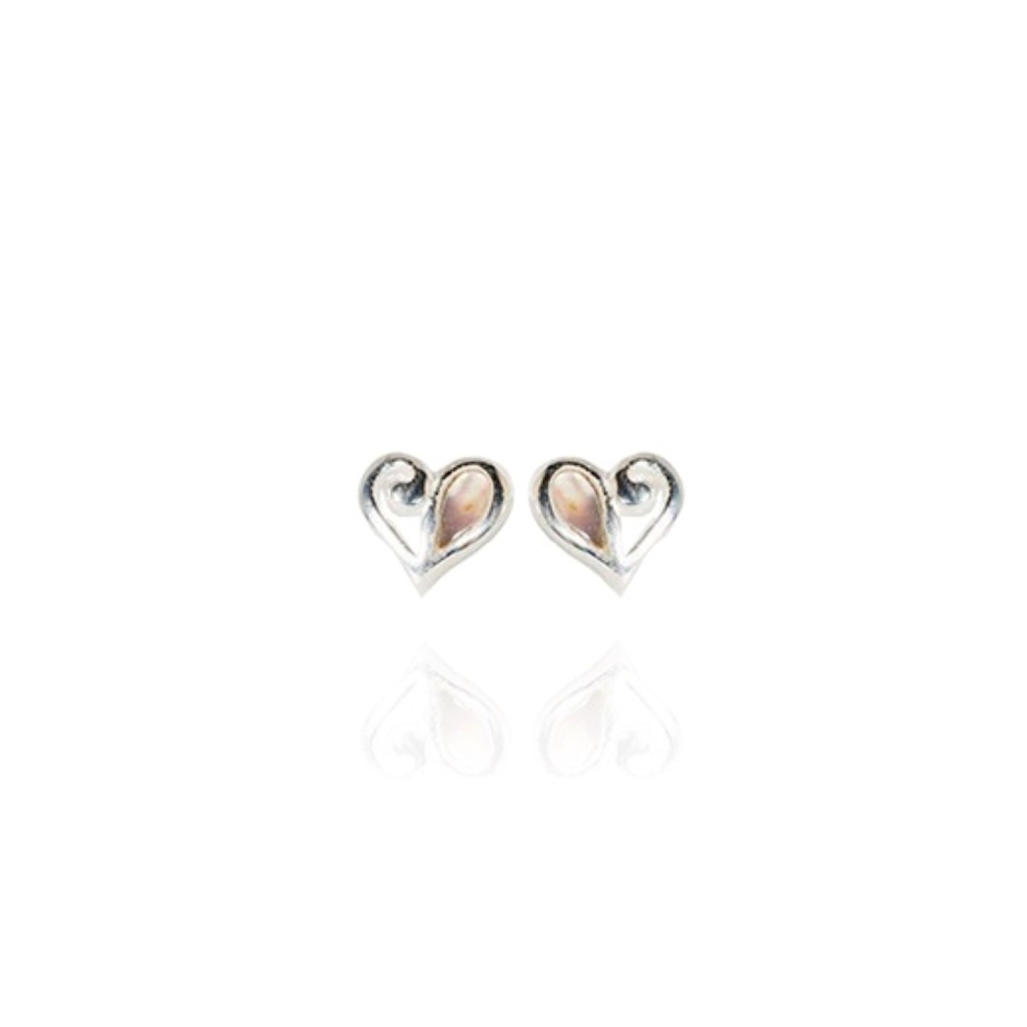 Evolve Mini Heart Paua Stud Earrings Close-up of Evolve Mini Heart Paua Stud Earrings featuring a silver heart design with vibrant paua shell accents.