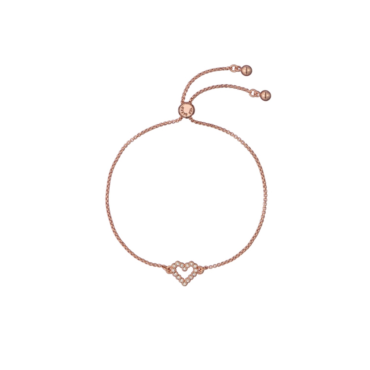 AMORITA: Crystal Halo Heart Adjustable Bracelet TBJ3833-24-02 | Ted Baker Jewellery NZ AMORITA: Crystal Halo Heart Adjustable Bracelet TBJ3833-24-02 by Ted Baker in rose gold-tone with clear crystal heart charm
