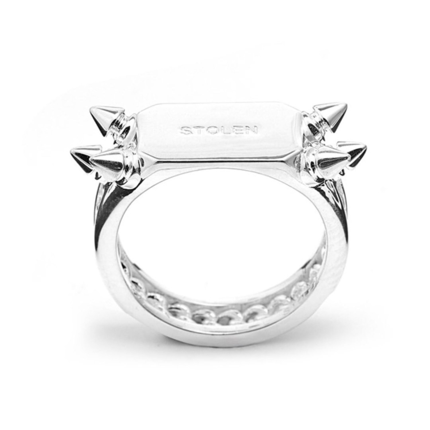 Precious Punk Block Ring with Spiked Design and Branded Plate PRECIOUS PUNK BLOCK RING by Stolen Girlfriends Club Jewellery | featuring sharp spikes, intricate band detailing, and a branded plate, showcasing its edgy yet luxurious design.